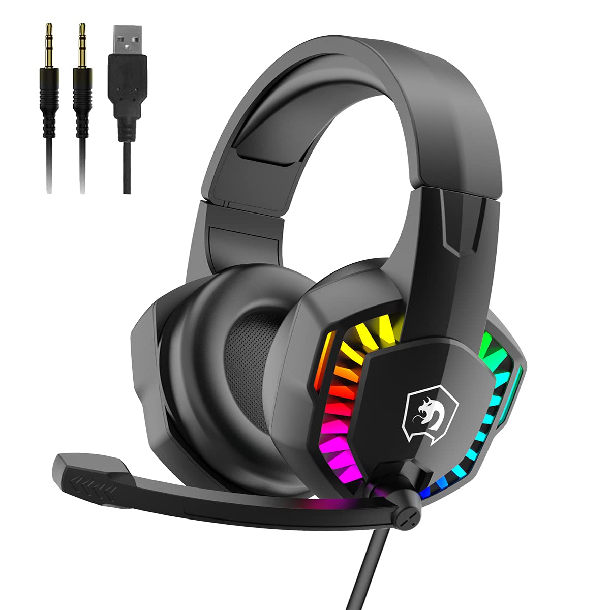 MANBASNAKE Pro Gaming Headset with Noise Cancelling Mic - Wired Over-Ear Headphones for PS5, PS4, Xbox One, PC, Mac & Laptop - RGB Lighting, Deep Bass, Memory Foam Earmuffs (Black) - Perfect for FPS, Battle Royale & Streaming Games