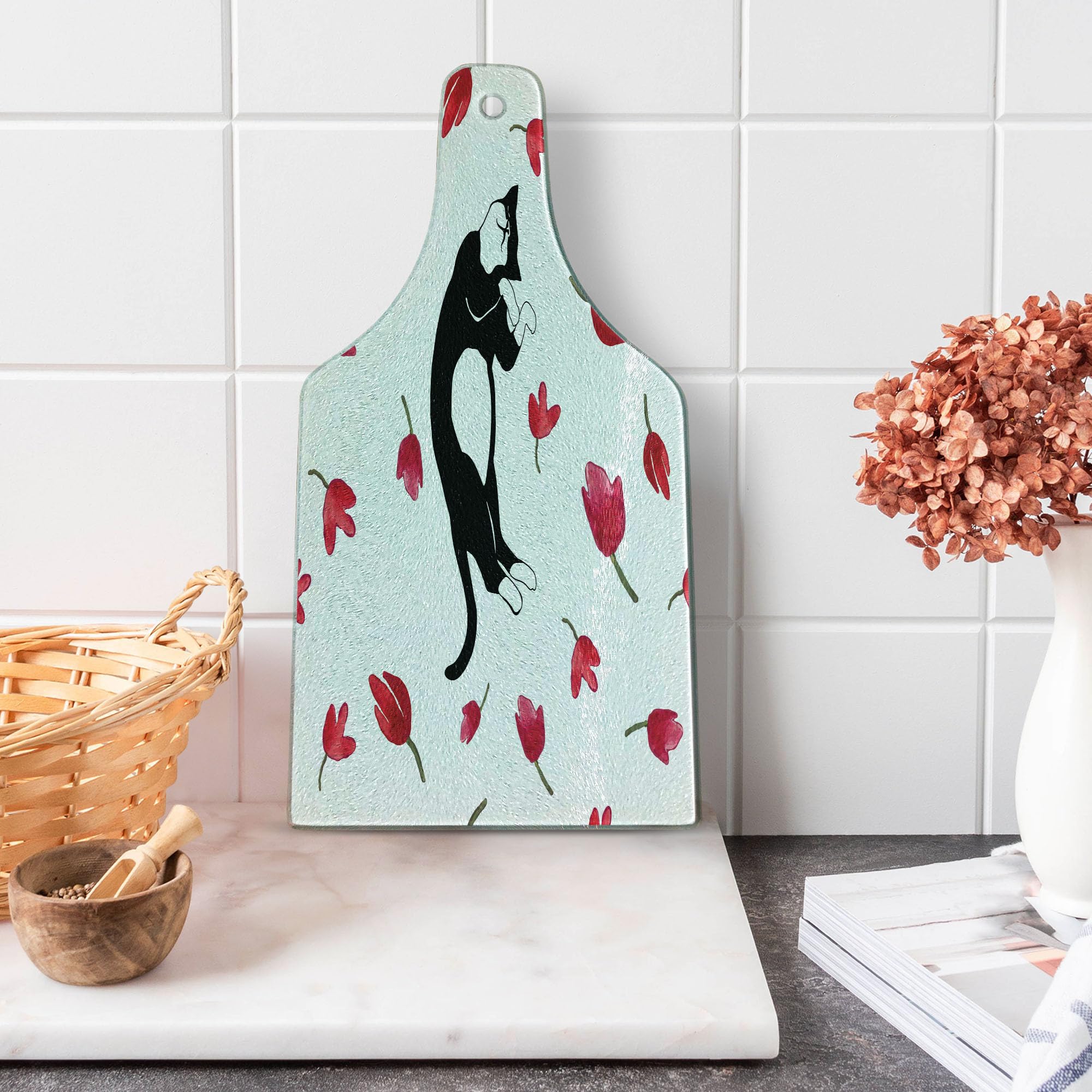 Ambesonne Modern Cat-Themed Cutting Board - Cute Kitty Sleeping with Tulips Print, Durable Tempered Glass Serving Board for Kitchen & Dining - Wine Bottle Shape in Black, White & Pink - Perfect for Cheese Platters, Charcuterie & Wine Pairing