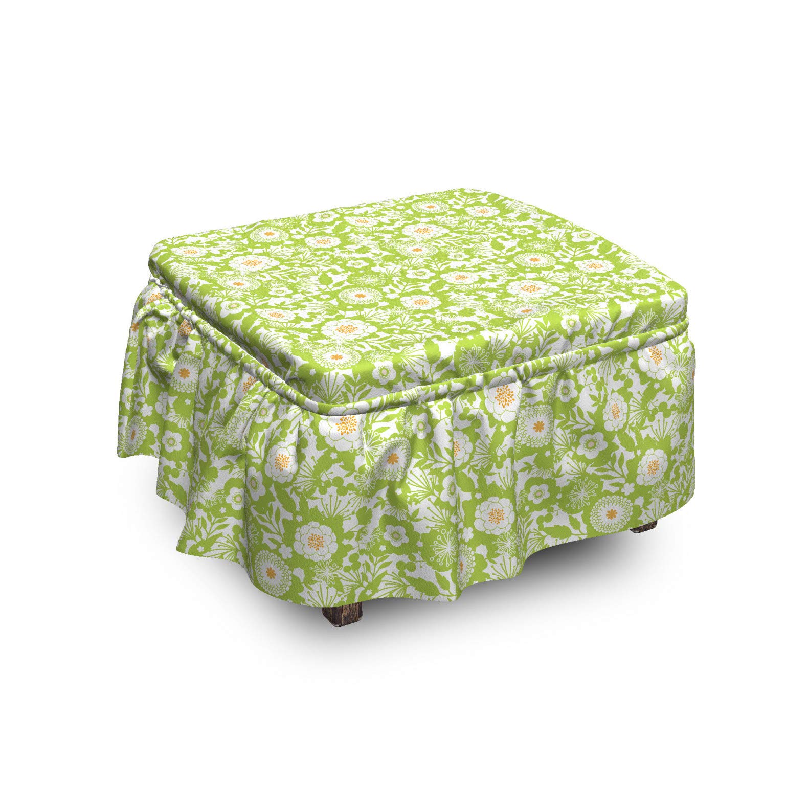 Ambesonne Botanical Ottoman Cover Set - 2 Piece Slipcover with Ruffle Skirt for Square/Round Footstools | Abstract Floral Design in Apple Green & Pale Orange | Home Decor Accent for Living Room, Bedroom & Nursery