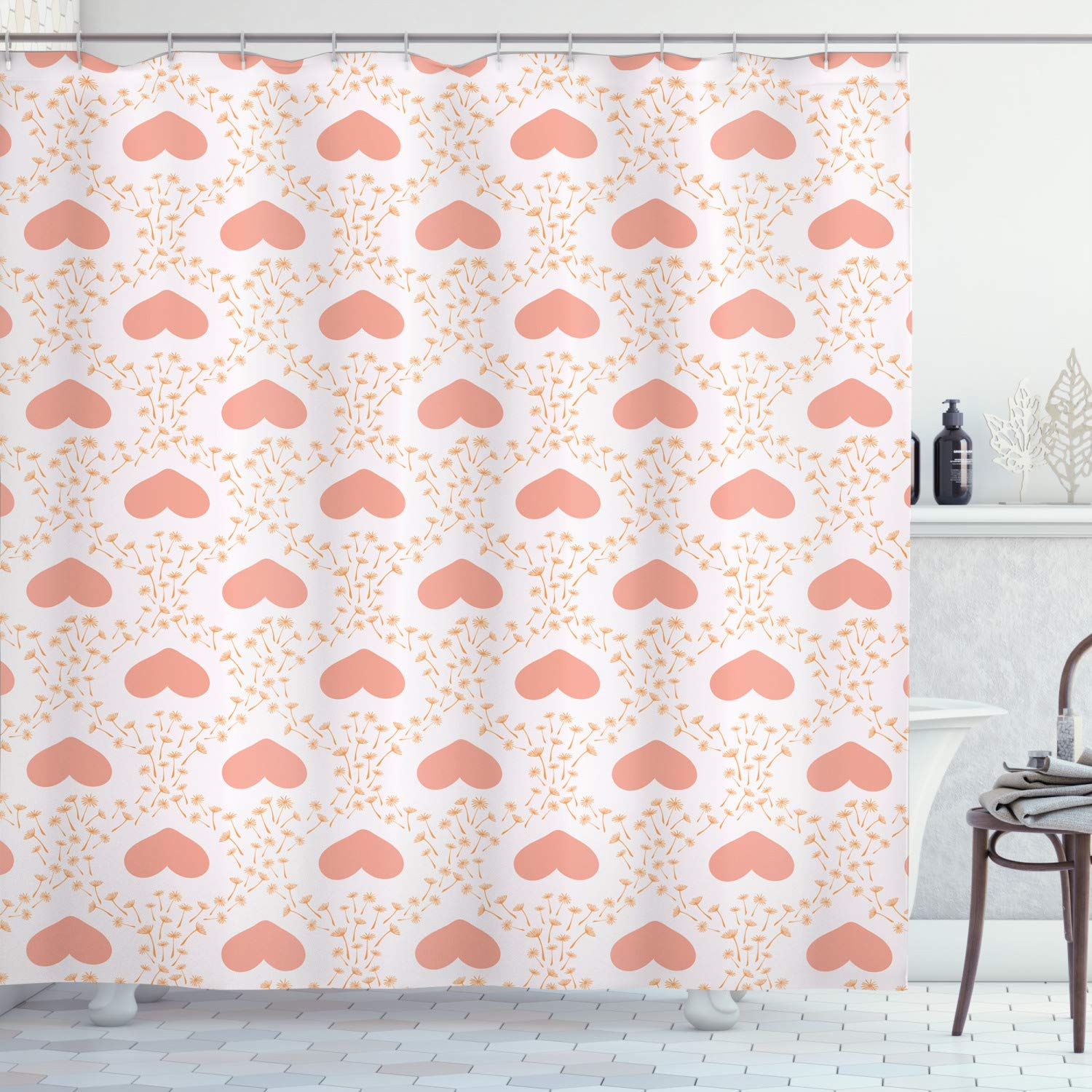 Ambesonne Romantic Shower Curtain - Pastel Nature Design with Hearts & Dandelions, 69x70 Inch Salmon Pink Fabric Bathroom Decor with Hooks | Perfect for Boho, Vintage & Farmhouse Style Bathrooms