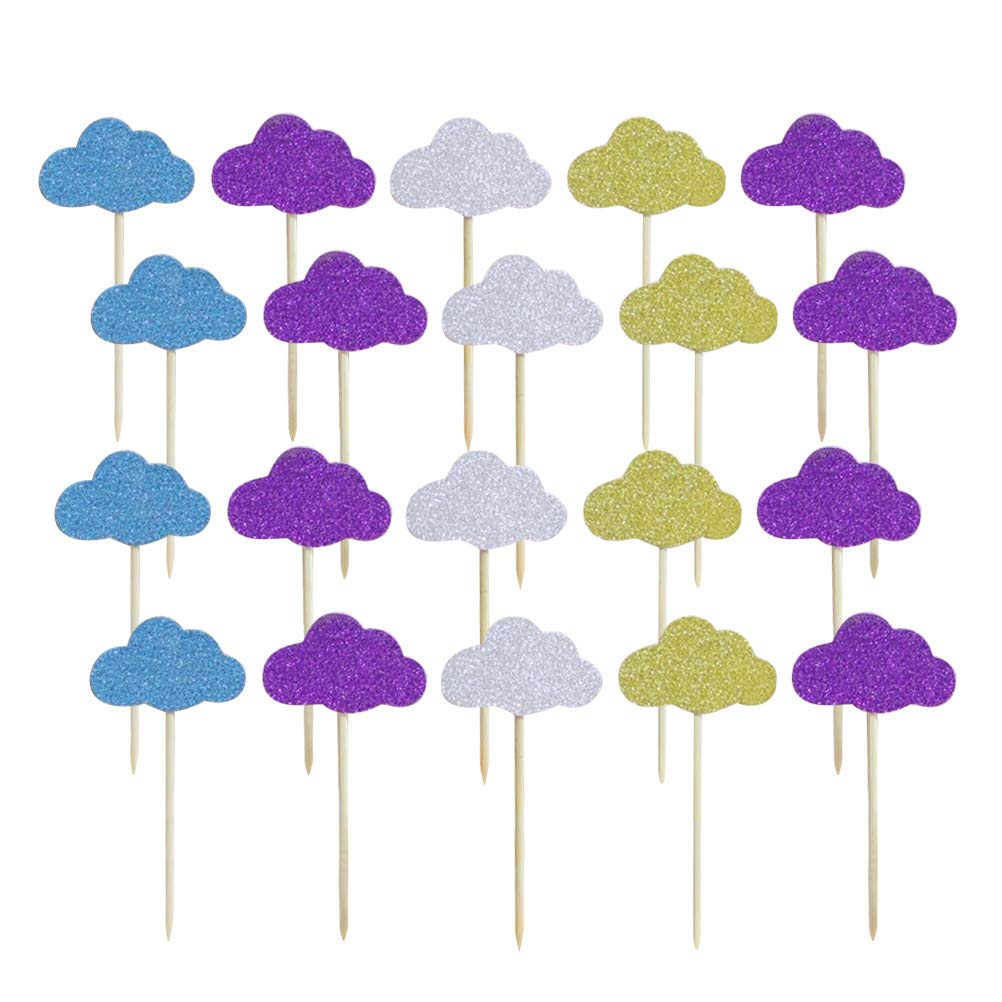 DOITOOL 20PCS Cloud-Shaped Cake Toppers - Glittering Cupcake & Muffin Decorations for Baby Showers, Birthday Parties - Assorted Colors - Perfect for Dessert Decor, Fruit Skewers, and Party Favors