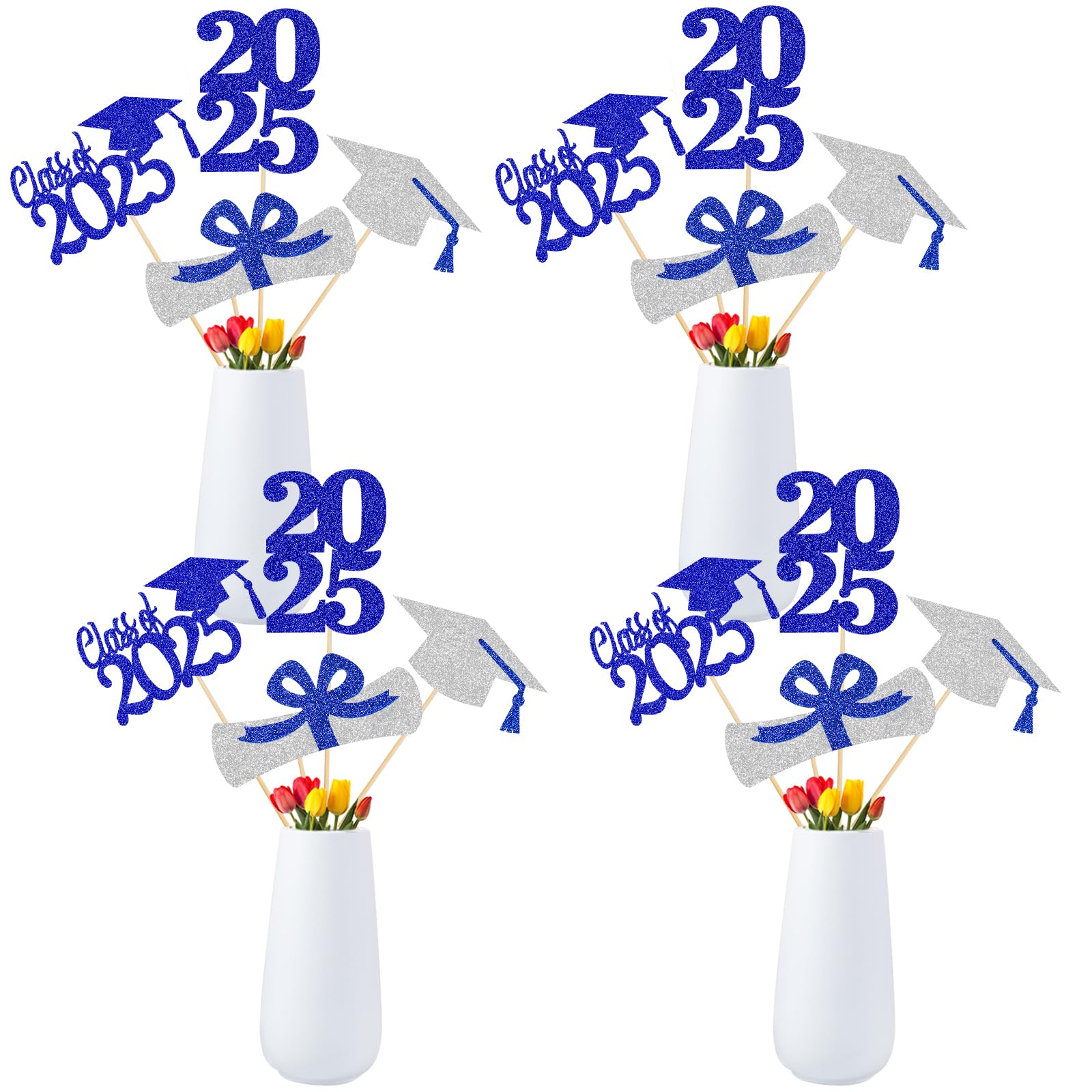 24-Piece Blue and Silver 2025 Graduation Centerpiece Sticks - Elegant Table Decor for Graduation Parties, Class of 2025 Celebrations, Commencement Ceremonies, and Graduation Banquets
