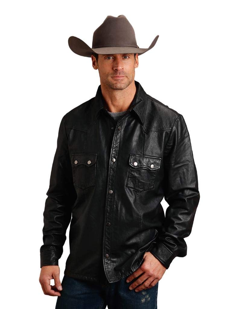 Vintage Leather Western Shirt Jacket for Men - Distressed Cowboy Style Button Up Shirt with Snap Closures | Perfect for Rodeo, Country Music Festivals & Casual Outfits