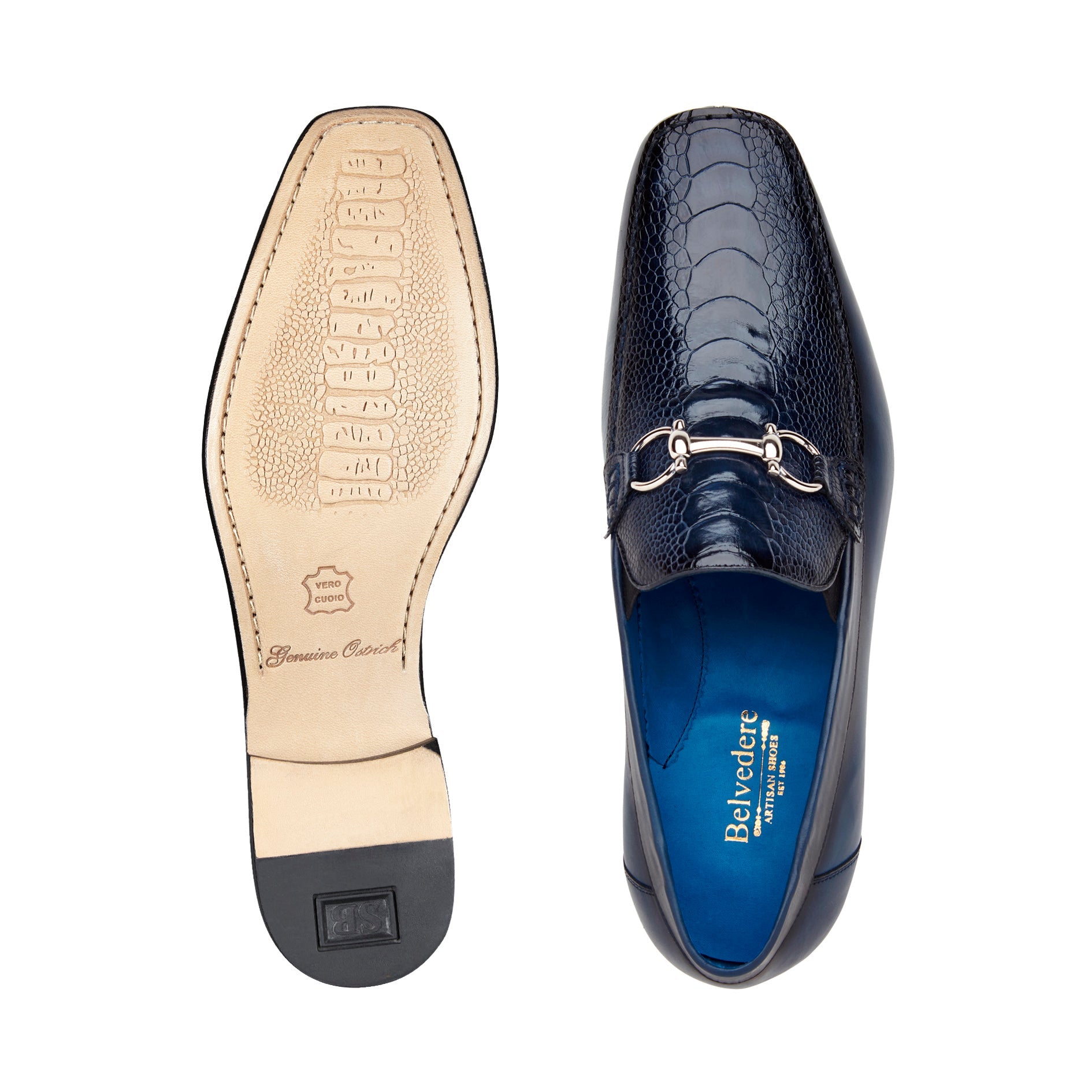 Belvedere Bruno Genuine Ostrich Leg & Italian Calf Loafer Dress Shoes in Navy - 1026 | Premium Men's Formal Footwear for Business, Weddings & Special Occasions