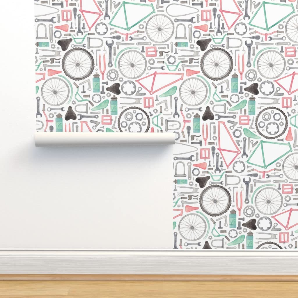 Peel & Stick Removable Wallpaper 12ft x 2ft - Bicycle Cycling Theme with Wheels, Gears & Tools Design - Perfect for Boys' Bedroom, Playroom or Home Office Decoration