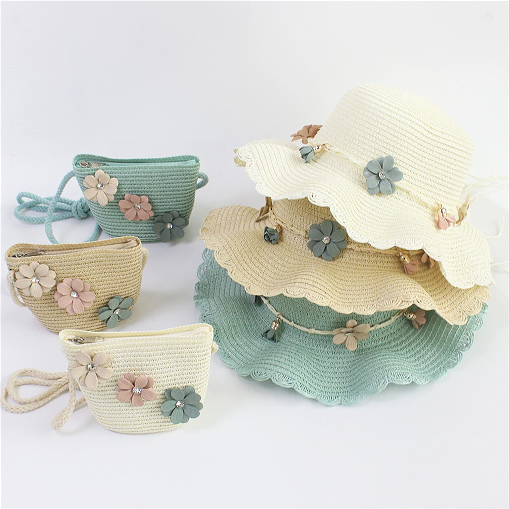 Baby Girls Sun Hat with Wide Brim - Straw Flower Beach Hat for Toddler & Infant - Cute Shoulder Bag Included - Perfect for Summer, Beach, Park & Outdoor Activities