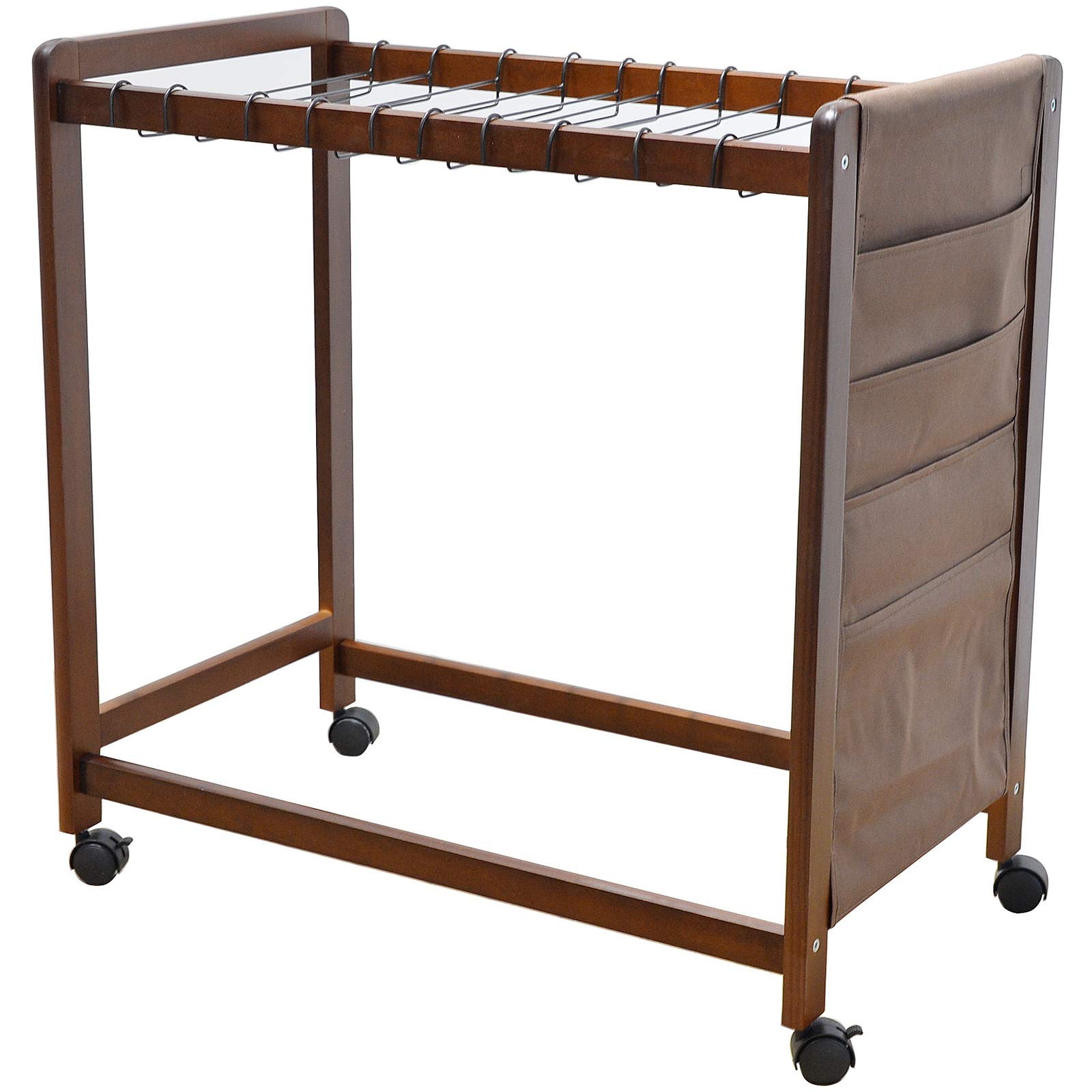 LXFA Rolling Closet Organizer with 20 Wooden Pants Hangers & Side Storage Bag - Sturdy Garment Rack for Bedroom, Bathroom, Balcony - Brown - Perfect for Small Spaces & Closet Organization