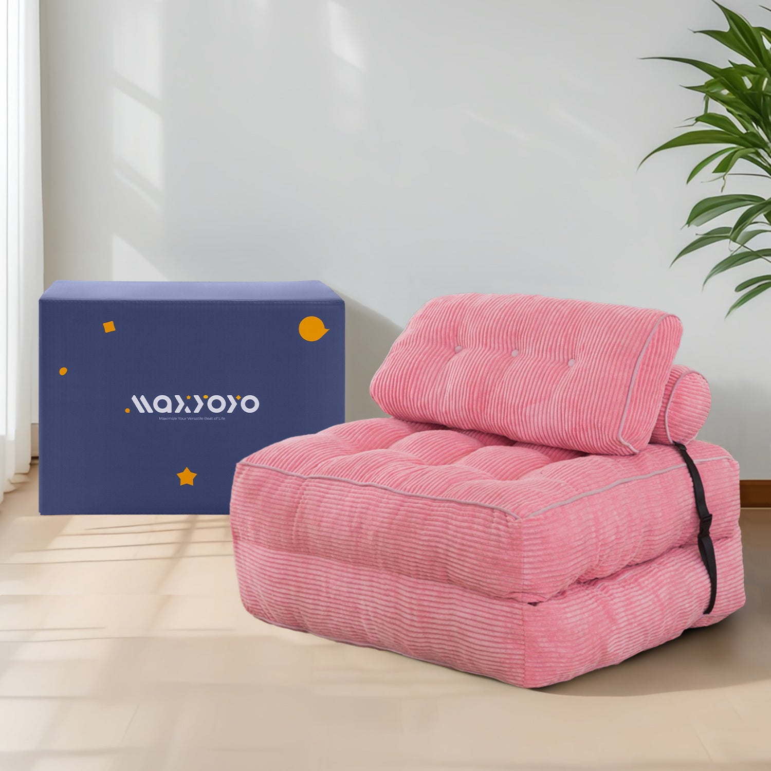 MAXYOYO Corduroy Folding Sofa Bed - Convertible Sleeper Chair with Pillow & Foldable Mattress, Back Support for Living Room, Guest Room & Small Spaces (Pink) - Perfect for Apartments, Dorms & Home Office