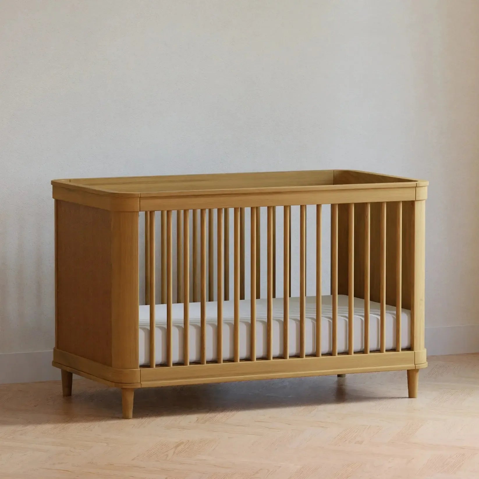 Namesake Marin Cane 3-in-1 Convertible Baby Crib in Honey & Cane Finish - Nursery Furniture for Newborn to Toddler - Perfect for Modern Nursery, Bedroom or Daycare