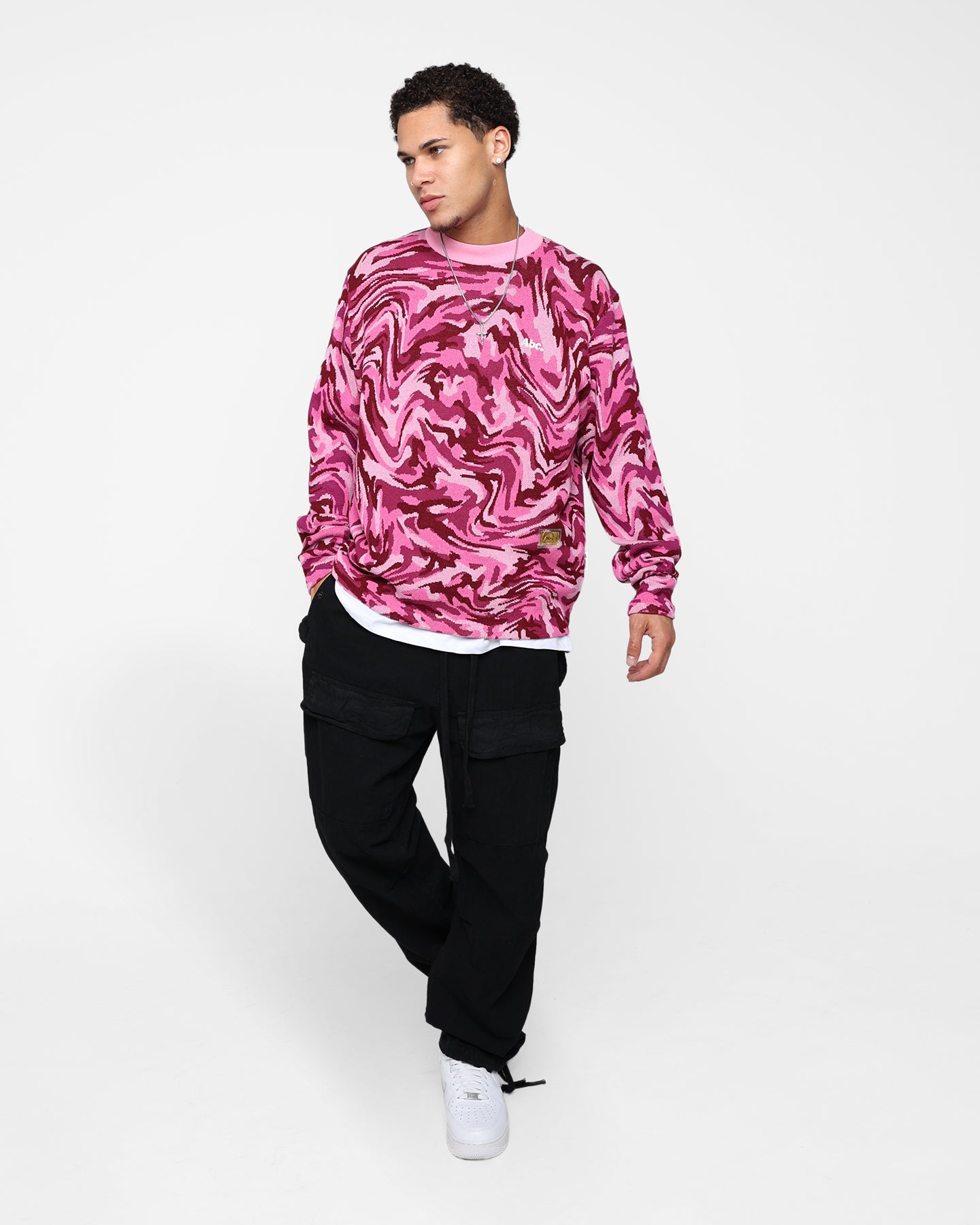 Advisory Board Crystals ABC 123 Warped Camo Crewneck Sweatshirt - Rubellite Pink Color | Streetwear Fashion & Casual Everyday Wear