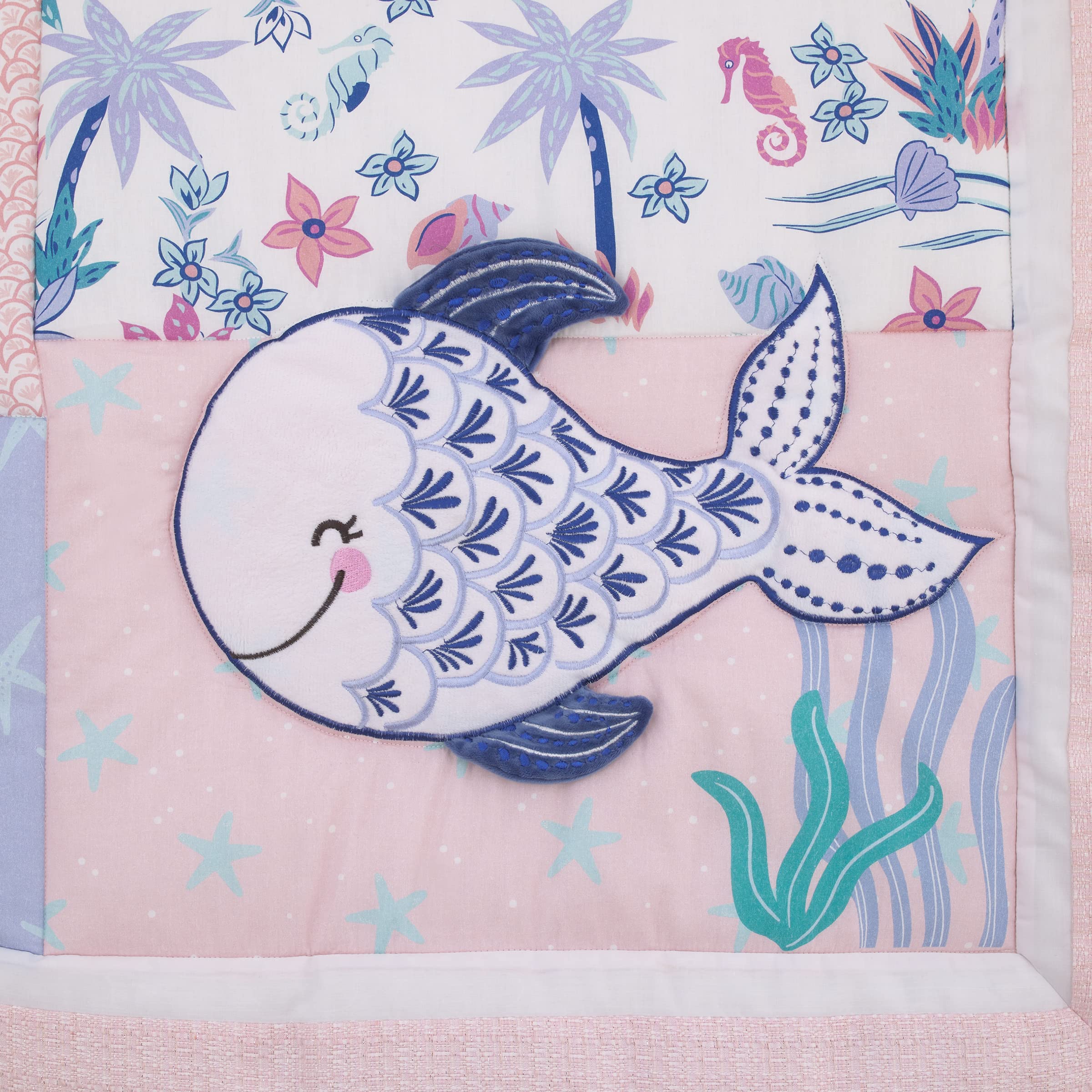 NoJo Mermaid Lagoon 4-Piece Nursery Crib Bedding Set - Pink Blue White Ocean Theme Baby Crib Set with Comforter, Fitted Sheet, Skirt & Storage Caddy | Perfect for Girls' Underwater Themed Nursery Decor & Baby Shower Gifts