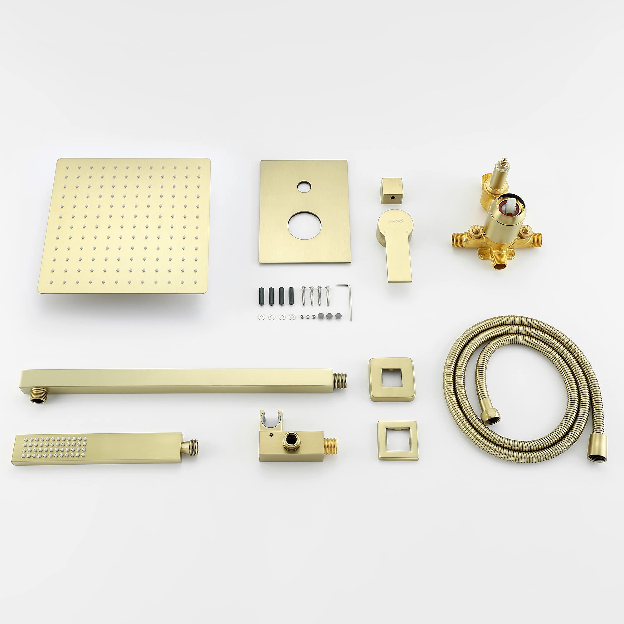 SHAMANDA 10-Inch Rain Shower Head with Handheld Sprayer - Pressure Balancing Shower System Combo Set in Brushed Gold - Wall Mount Bathroom Faucet with Rough-In Valve (Model L701-3) - Perfect for Luxurious Spa-Like Showers and Modern Bathroom Upgrades
