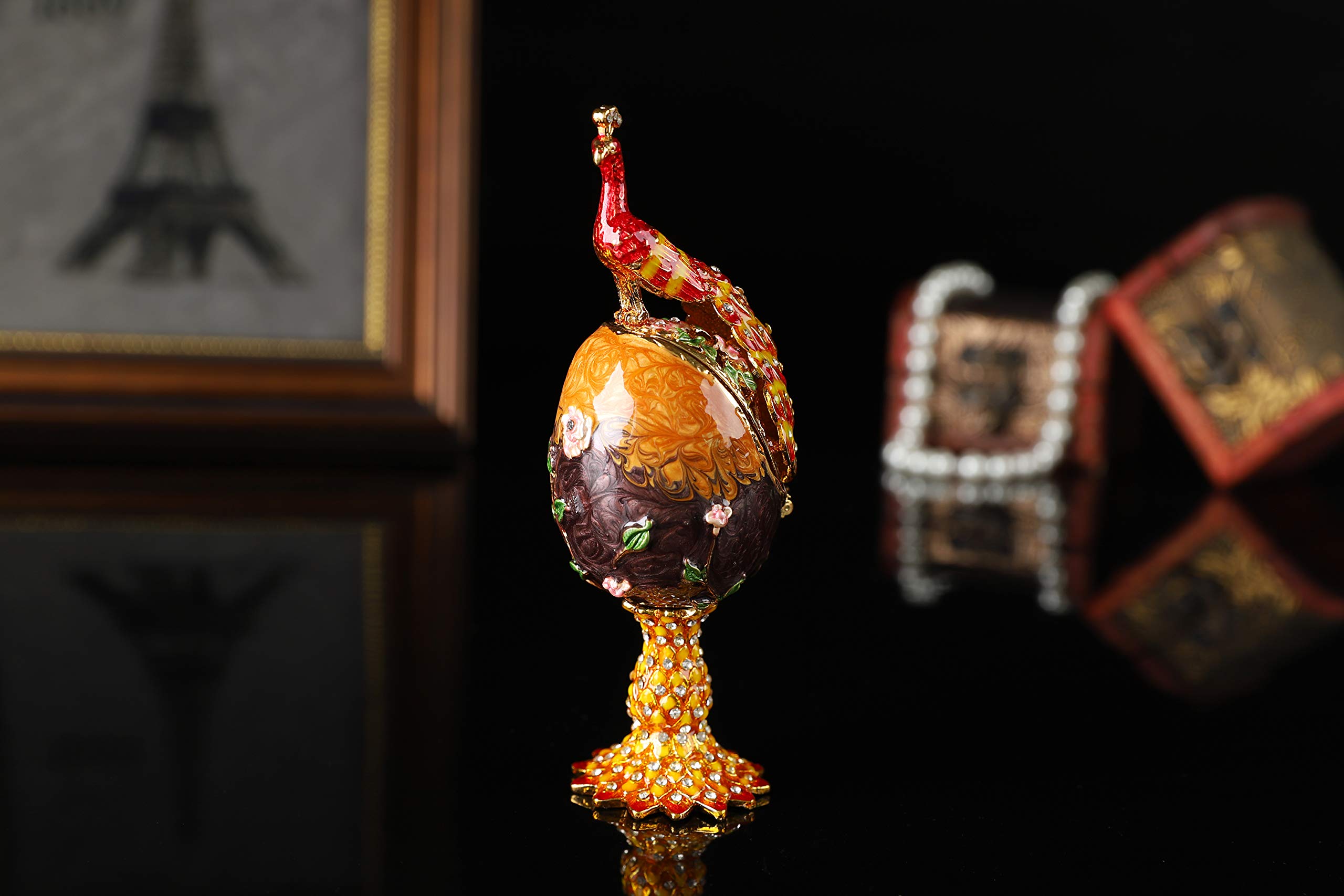 QIFU Hand-Painted Orange Peacock Easter Egg Enamel Jewelry Box - Unique Gift for Women, Mothers, Collectors | Perfect for Easter Decor, Home Display & Jewelry Storage