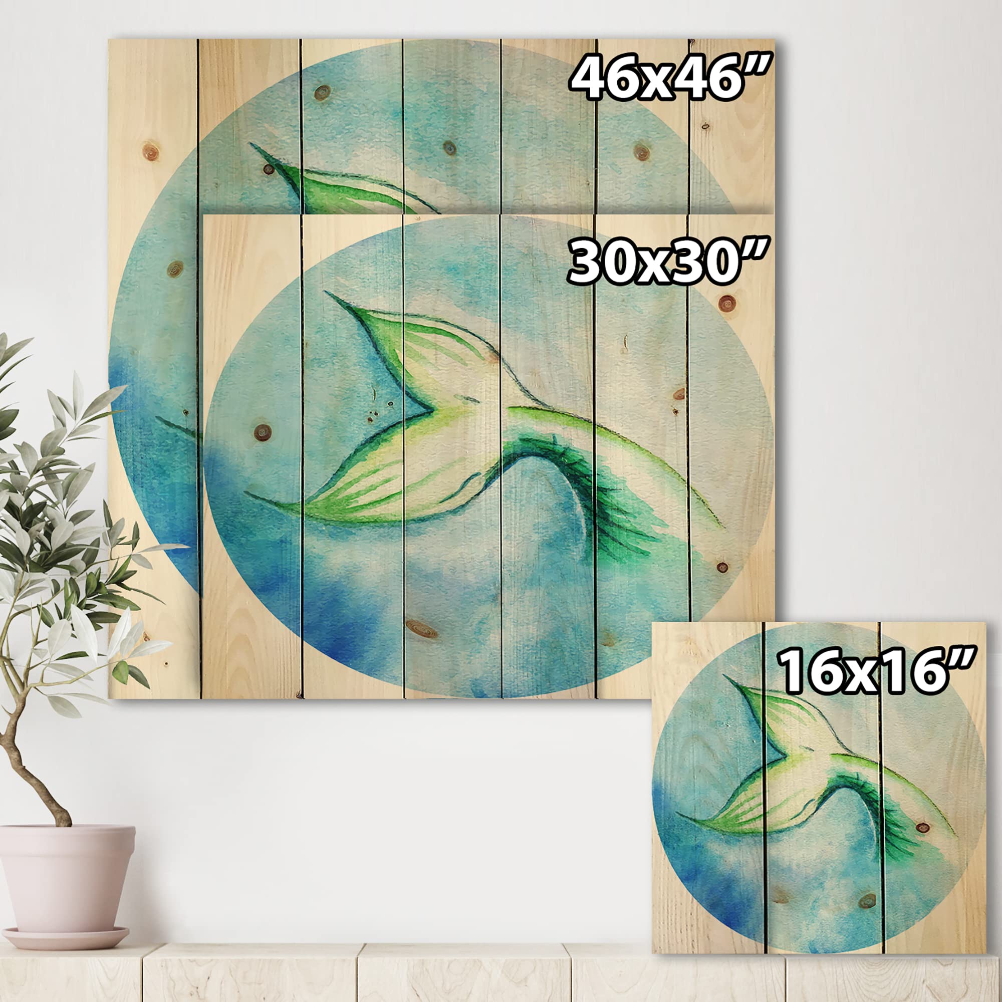 Mermaid Fish Tail Wood Wall Art - Coastal & Nautical Decor, Blue Wooden Wall Panel, Large Animal Print on Natural Pine Wood - Perfect for Beach House, Living Room & Nursery Decor