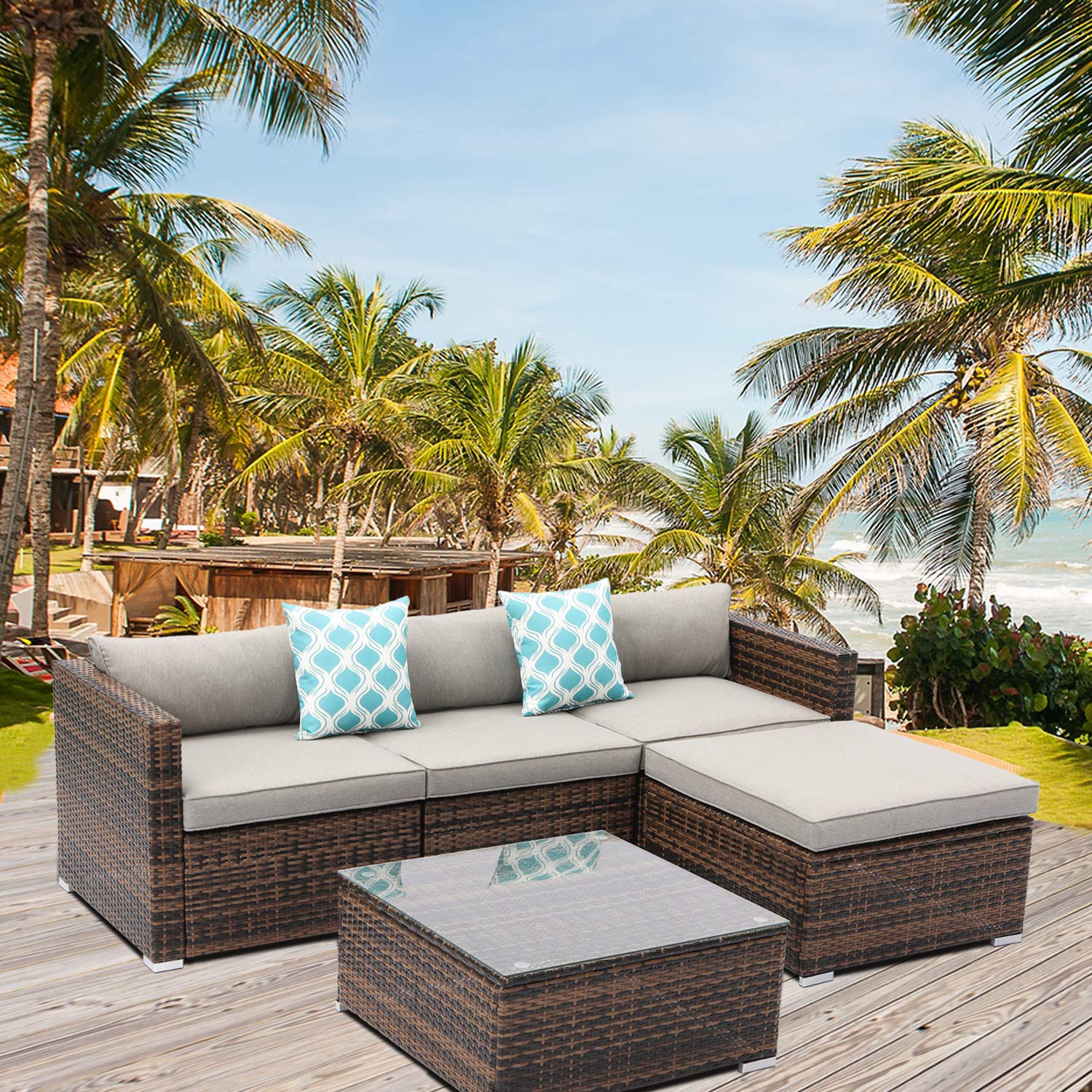 AQUILLA 5-Piece Outdoor Sectional Patio Wicker Sofa Set with Blue & White Plaid Pillows, Tempered Glass Coffee Table & Waterproof Cover - Perfect for Backyard, Poolside, Garden & Patio Relaxation