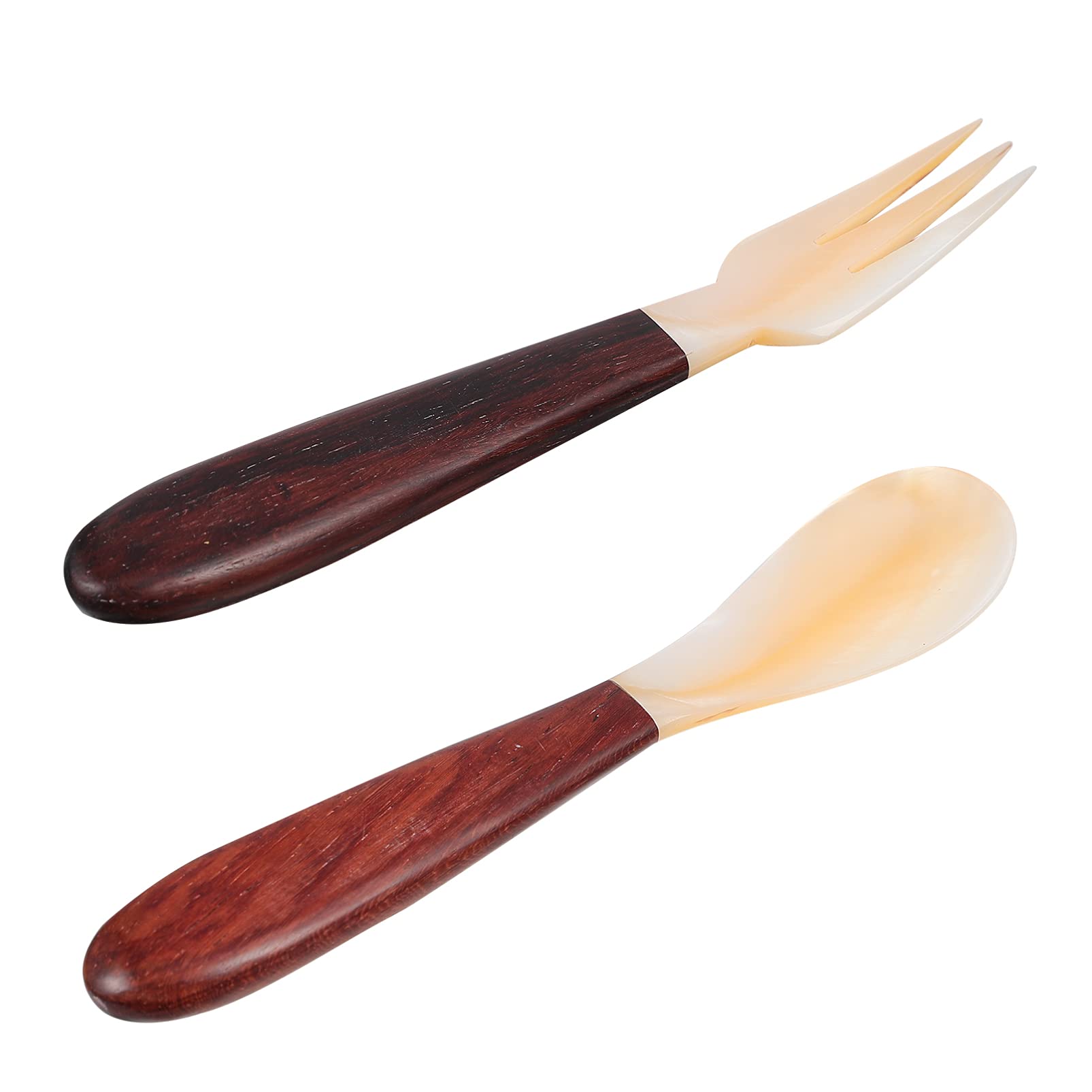Caviar Spoon and Fork Set - 2pcs Mother of Pearl Spoon with Wooden Handle for Dessert, Appetizer, Cake, Fruit & Tea Mixing - Elegant Decorative Tableware for Fine Dining, Wedding & Party Serving