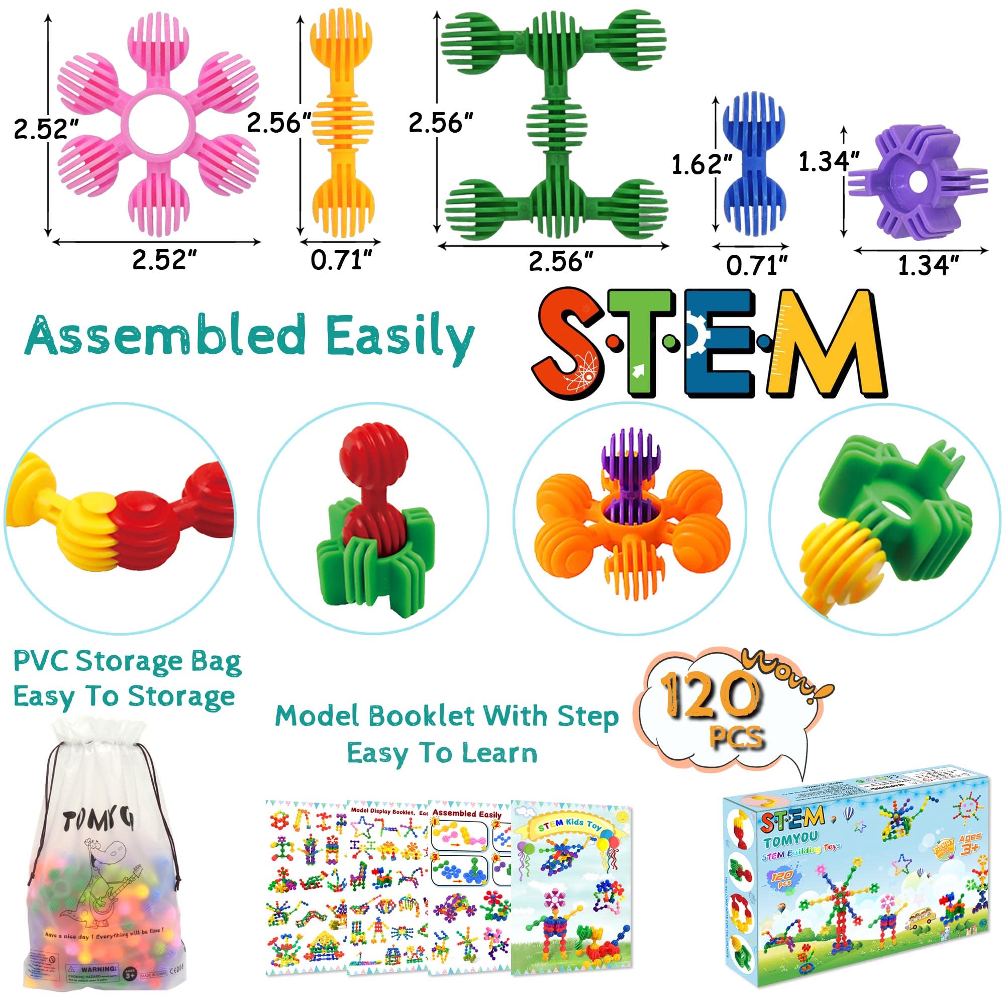 STEM Building Blocks for Kids - 120 PCS Plastic Gear Interlocking Construction Toy Set with Flexible Bending Pieces | Safe Educational STEM Toy for Boys & Girls Ages 3+ | Perfect for Classroom Learning, Birthday Gifts & Creative Play