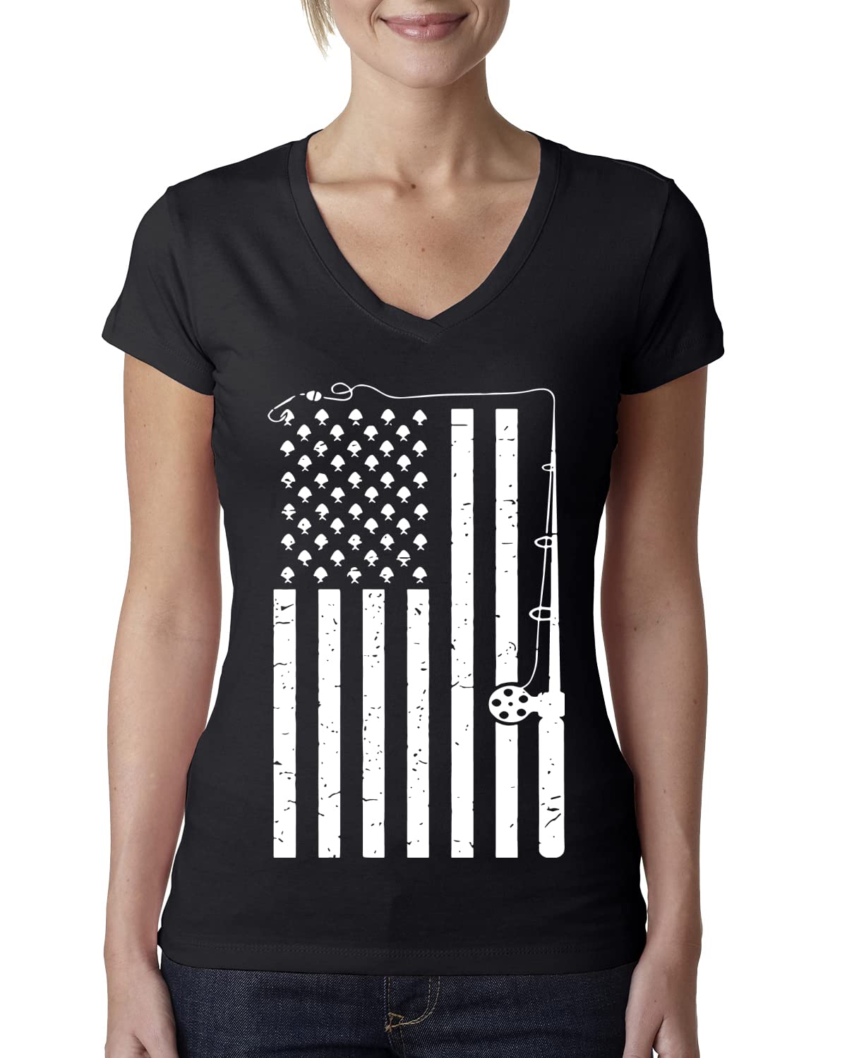 USA Pride Fishing T-Shirt - American Flag Fishing Rod Design, Women's Junior Fit V-Neck Tee - Perfect for Fishing Trips & Patriotic Events