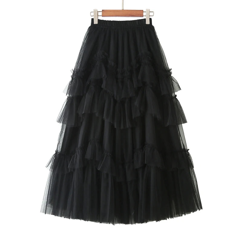 Black Patchwork Mesh Skirt for Women - High Waist Casual Ball Gown Skirt | Fashionable Spring Outfit for Parties, Dates & Special Occasions