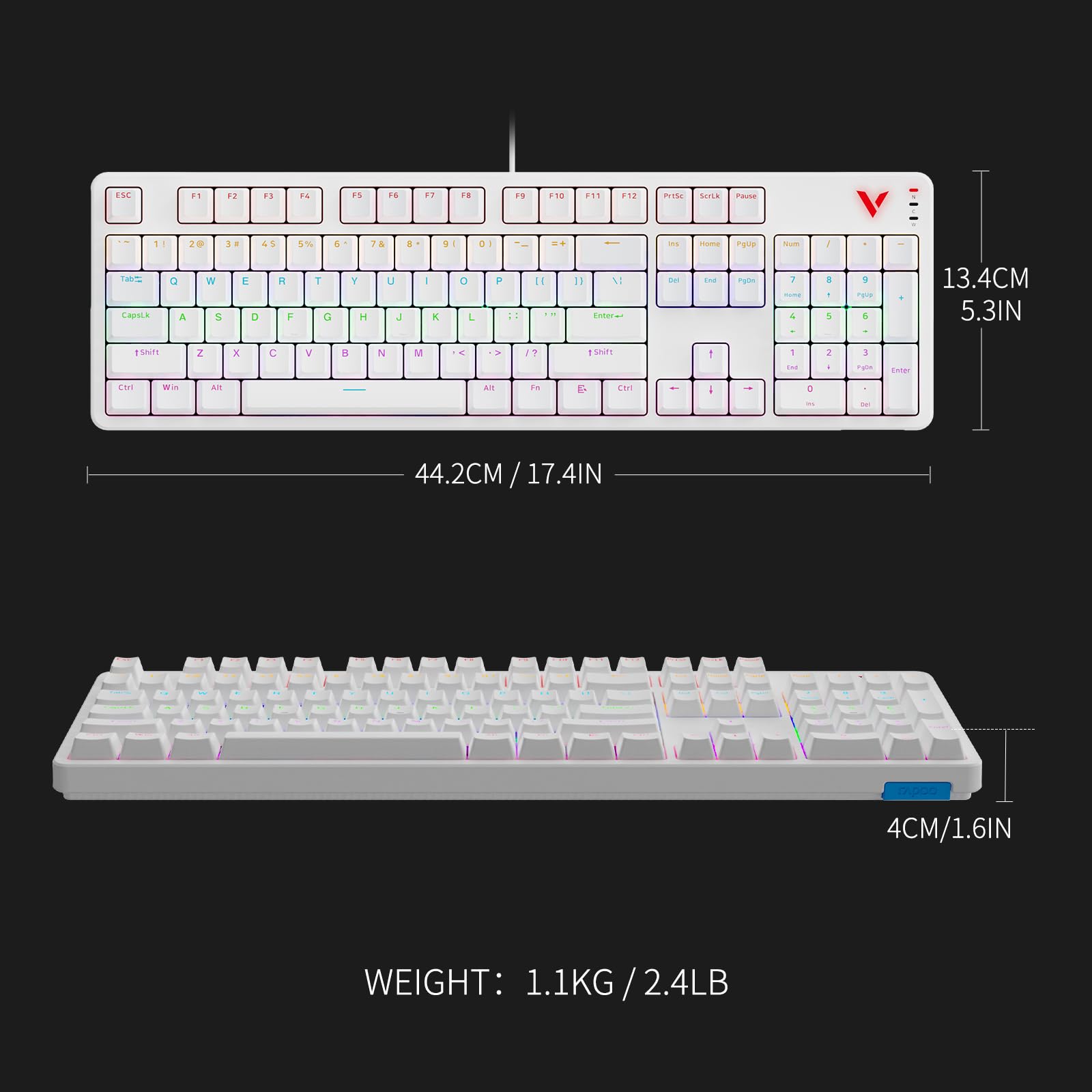 Rapoo V500Pro Full-Size Mechanical Gaming Keyboard with Brown Switch - 104 Keys Anti-Ghosting, Customizable RGB Backlit, USB-C, Removable Top Case - Perfect for PC Gaming, Office Work & Typing (2024 Edition)