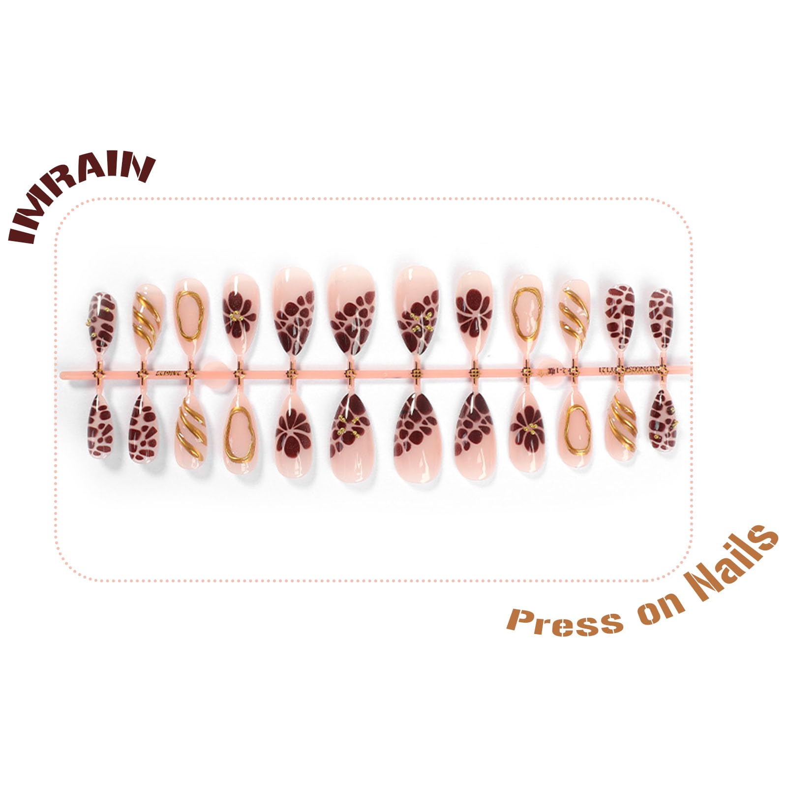 Fall Press on Nails Medium Almond Fake Nails - Brown French Tips with 3D Golden Line Designs - 24Pcs Natural Nude Full Cover Glossy Glue on Nails - Perfect for Parties, Weddings, Date Nights & Everyday Wear