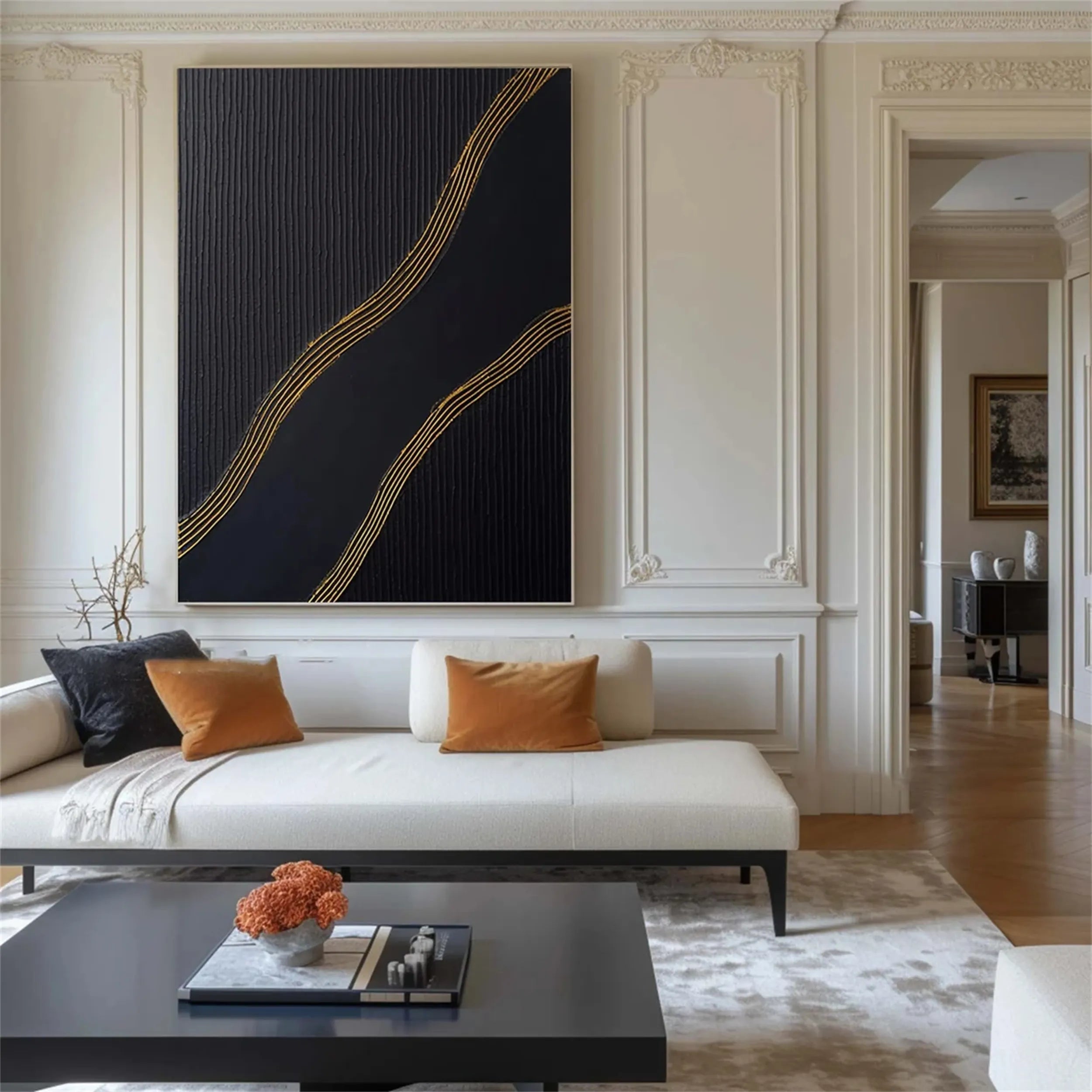 Black Gold Minimalist Textured Abstract Wall Art Painting #MZ084 - Modern Home & Office Decor for Living Room, Bedroom, or Workspace