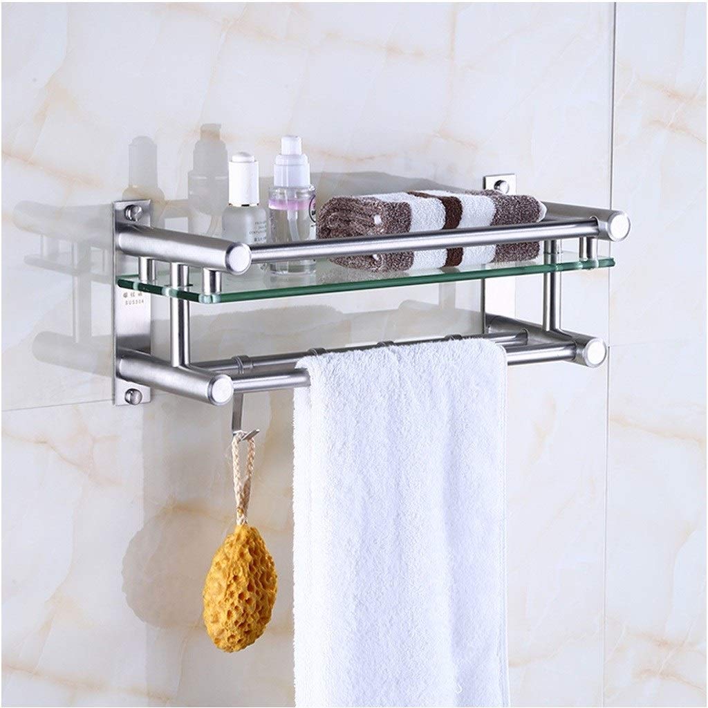 Premium Stainless Steel Bathroom Stand with Tempered Glass & Hooks - Double Towel Rack for Hotels, Spas & Home Use (40cm/50cm) - Space-Saving Storage Solution for Towels, Robes & Bathroom Essentials