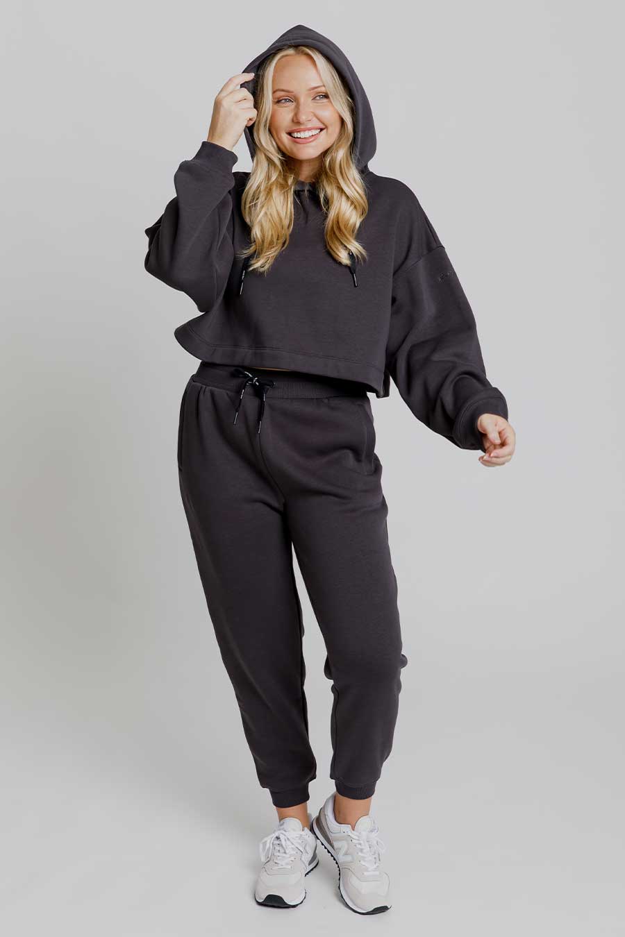 Off Duty Cropped Hoodie - Charcoal Black | Women's Casual Pullover Sweatshirt for Streetwear & Loungewear