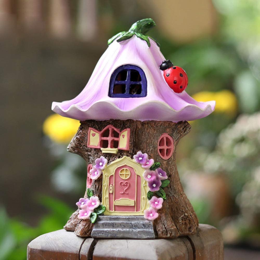LIUSHI Solar Powered LED Fairy House - 8 Inch Purple Garden Ornament for Outdoor Decor, Patio & Backyard | Magical Night Light for Gardens, Pathways & Fairy Gardens