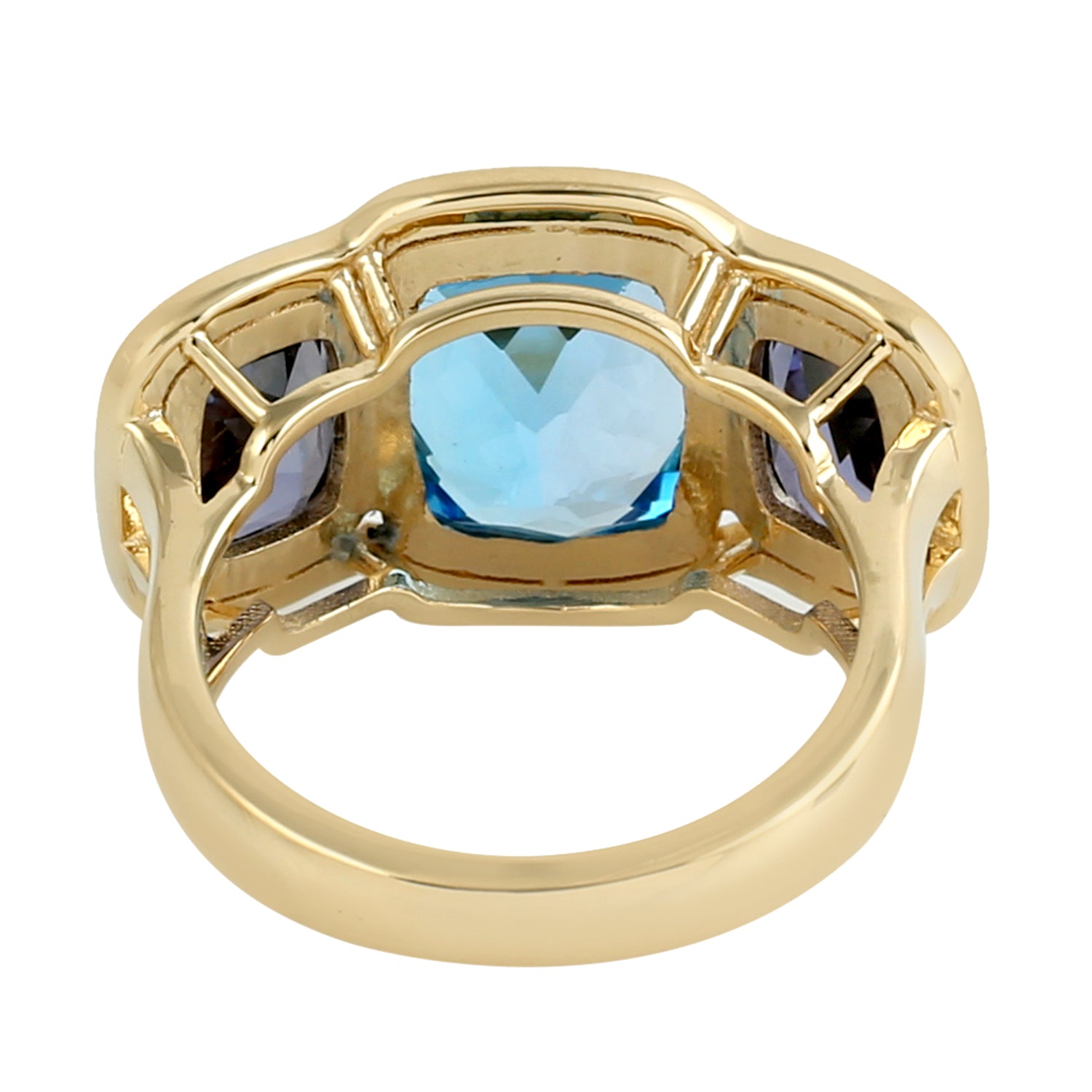 18K Yellow Gold Blue Topaz & Iolite Cushion Cut Three Stone Ring - Elegant Bezel Set Jewelry for Engagement, Anniversary & Special Occasions