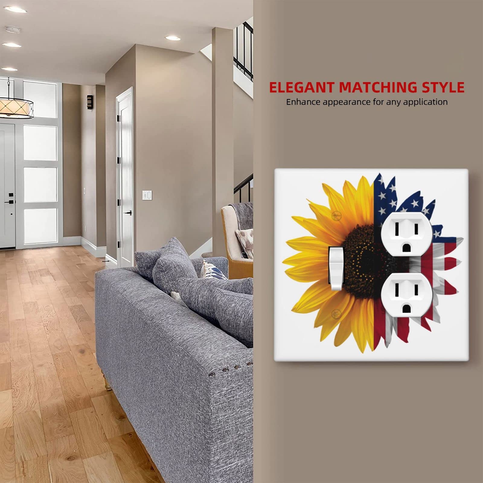 American Flag Sunflowers 2-Gang Light Switch Cover Decorative Wall Plate - Rustic Outlet Cover for Kitchen, Bedroom, Living Room & Office Decor | Durable Electrical Switch Plate for Home Art Decoration