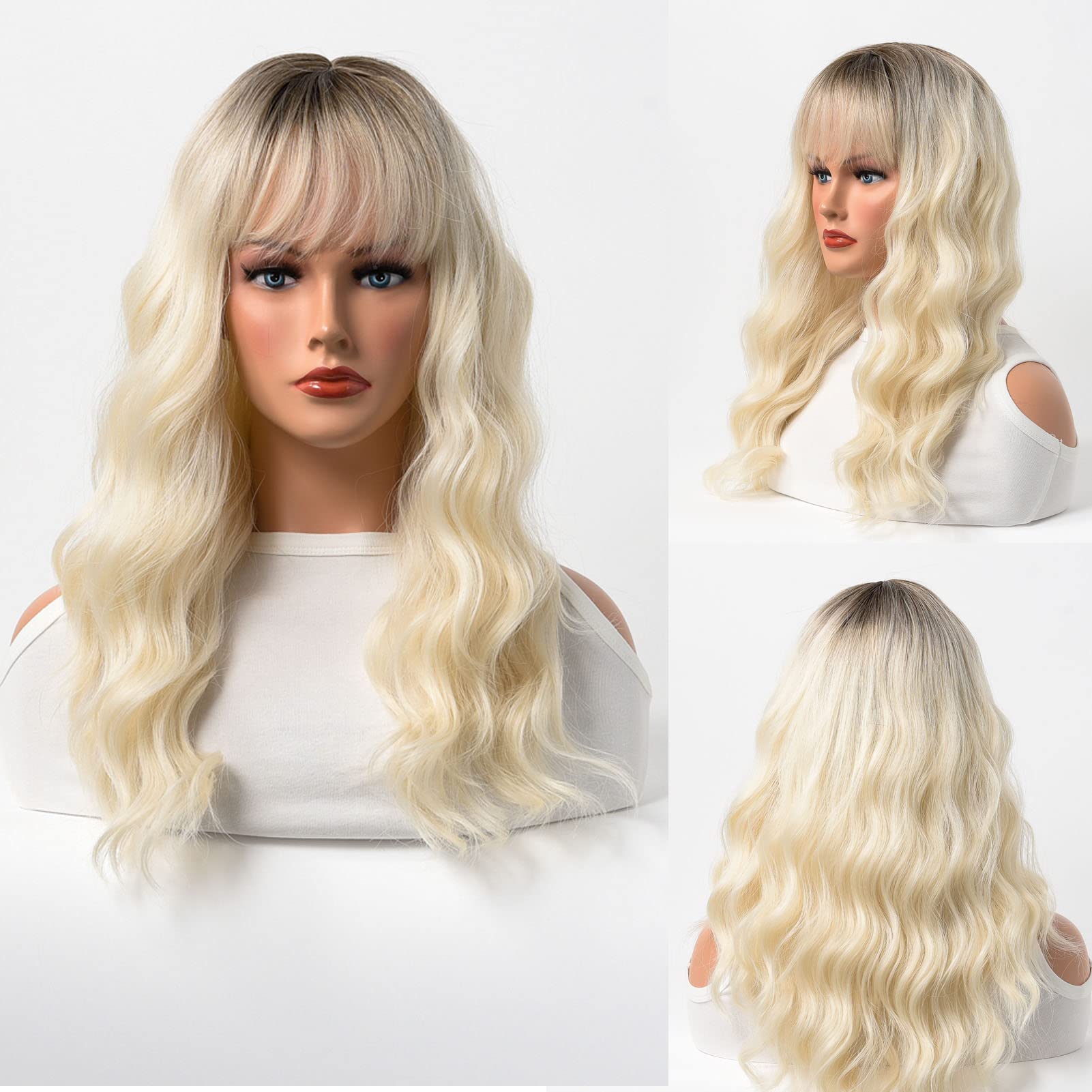 Heat Resistant Synthetic Wavy Hair with Flat Straight Bangs - Perfect for Cosplay, Costumes & Everyday Styling