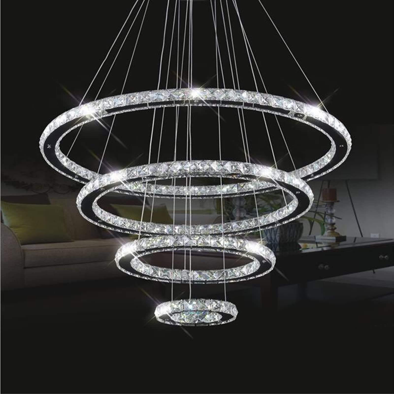 Modern Crystal Chandelier with 4 Adjustable LED Rings - DIY Stainless Steel Ceiling Light Fixture for Living Room, Bedroom, Dining Room - Perfect for Home Decor & Romantic Ambiance Lighting