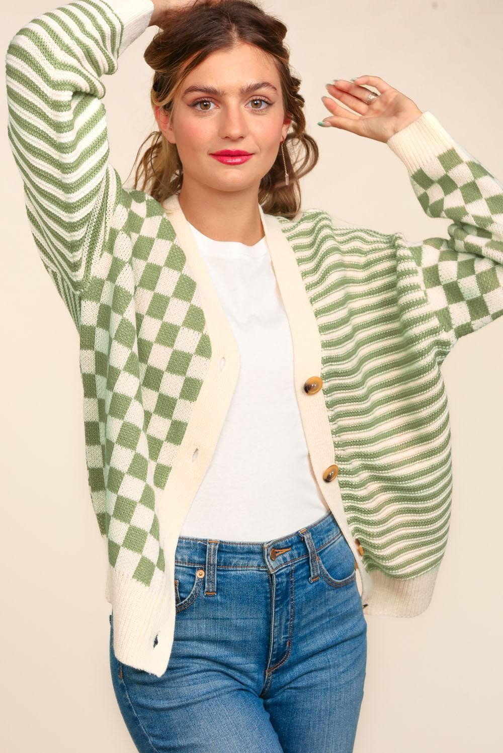 Button Down Checker Stripe Sweater Cardigan for Women - Casual Long Sleeve Open Front Knit Top for Fall & Winter - Perfect for Office, Dates and Layering