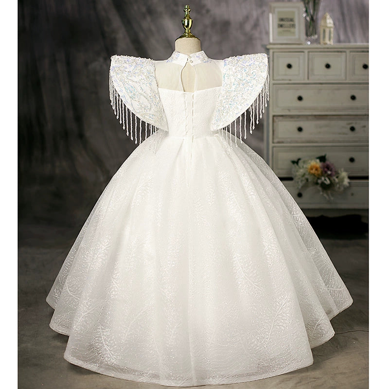 Elegant White Princess Mock Neck Floor-Length Polyester Flower Girl Dress for Weddings & Special Occasions