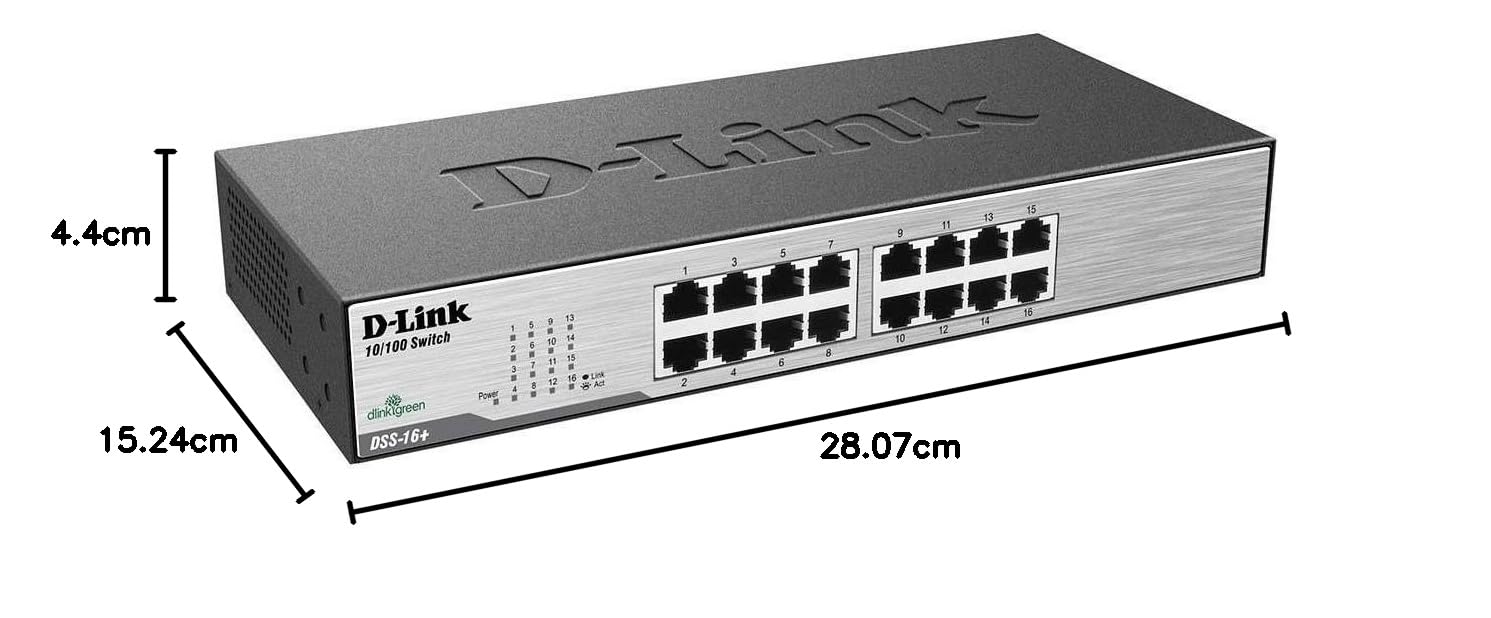D-Link DSS-16+ 16-Port Fast Ethernet Unmanaged Switch - Plug & Play, Metal Housing, Energy Efficient (IEEE 802.3az) - Ideal for Home Office, Small Business & Rackmount Networking