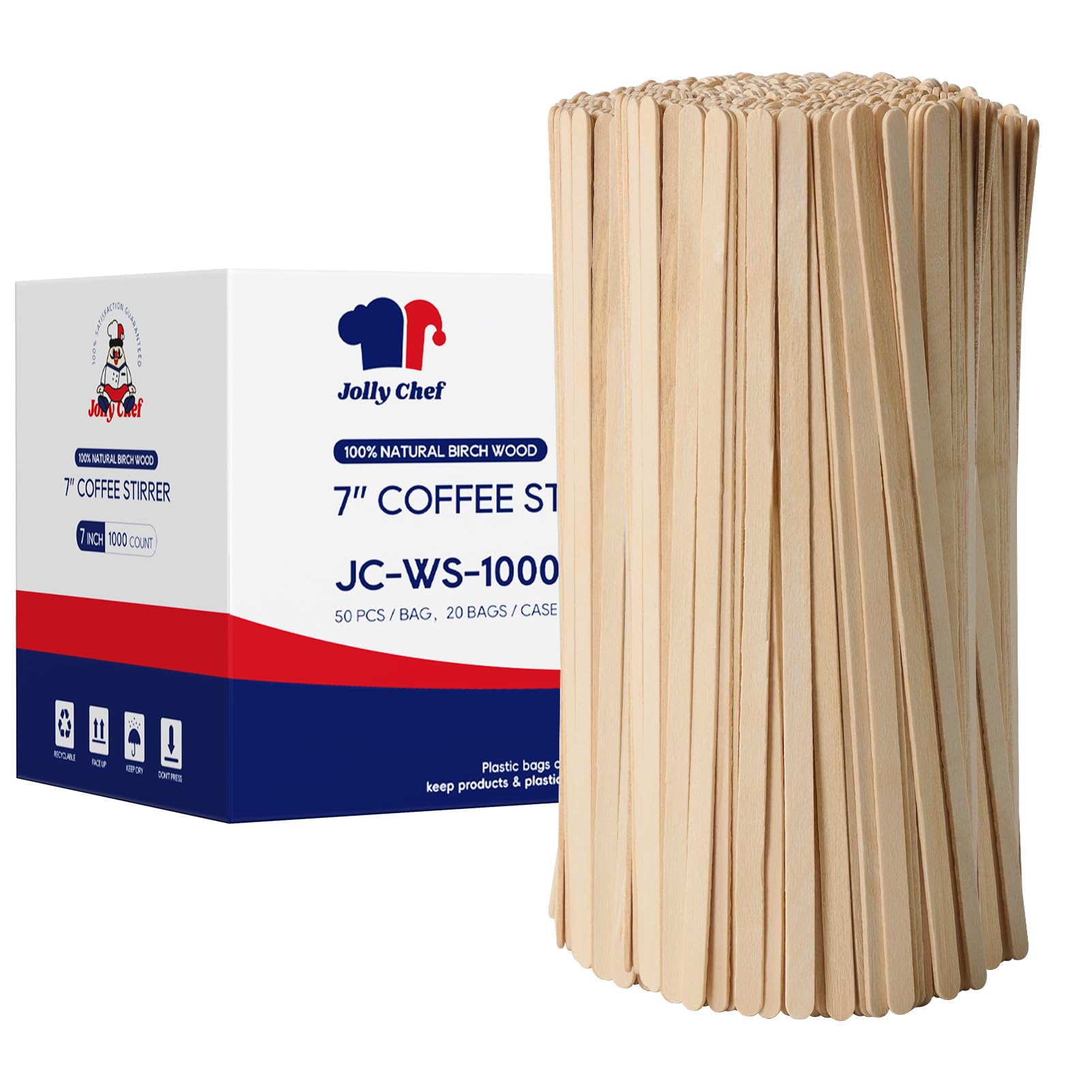 JOLLY CHEF 1000 Count Natural Birch Wood Coffee Stirrers - 7 Inch Eco-Friendly Stir Sticks for Coffee, Tea & Hot Beverages - Perfect for Home, Office & Cafes