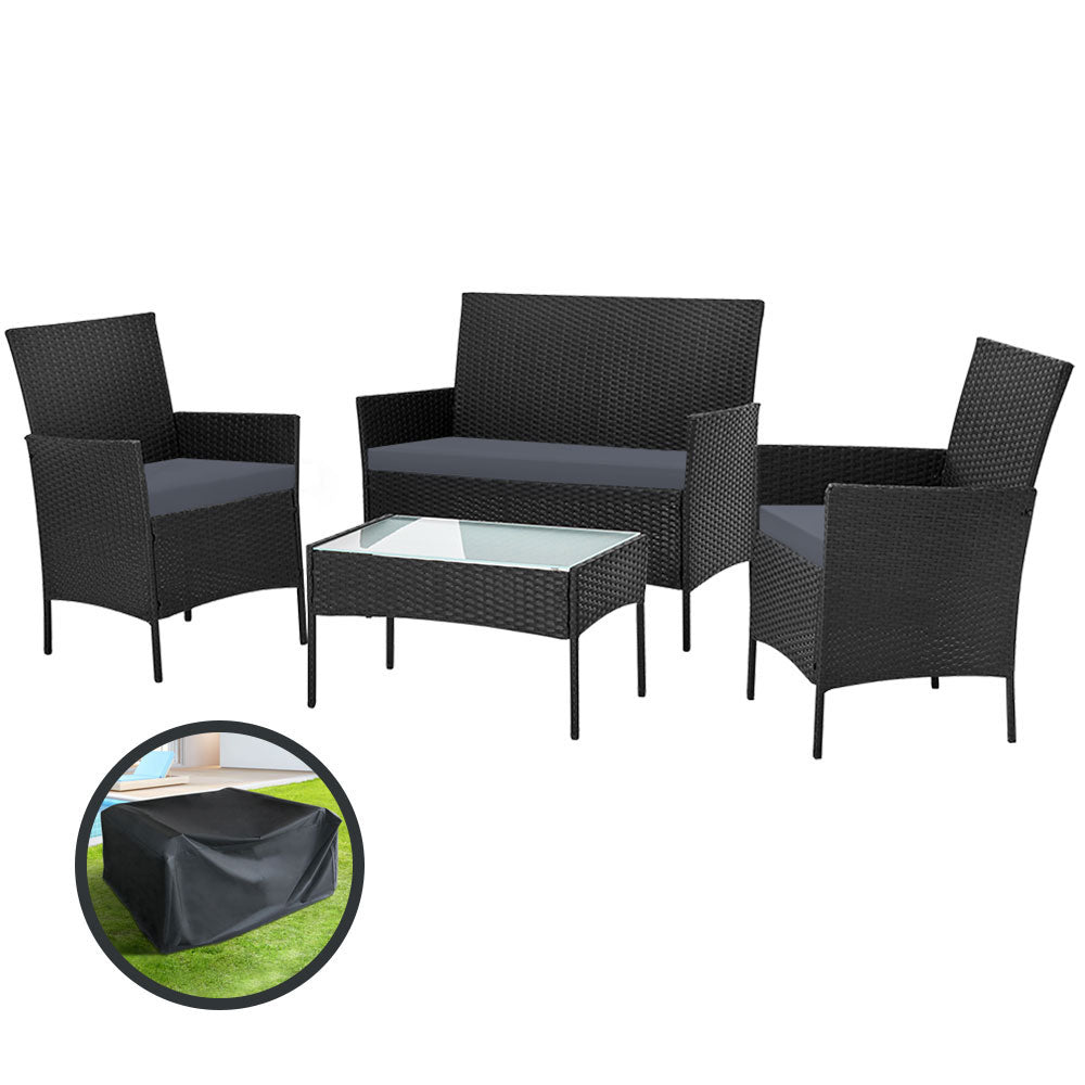 4-Seater Outdoor Patio Sofa Set with Storage Cover, Wicker Table & Chairs in Black - Perfect for Garden, Backyard, and Poolside Relaxation