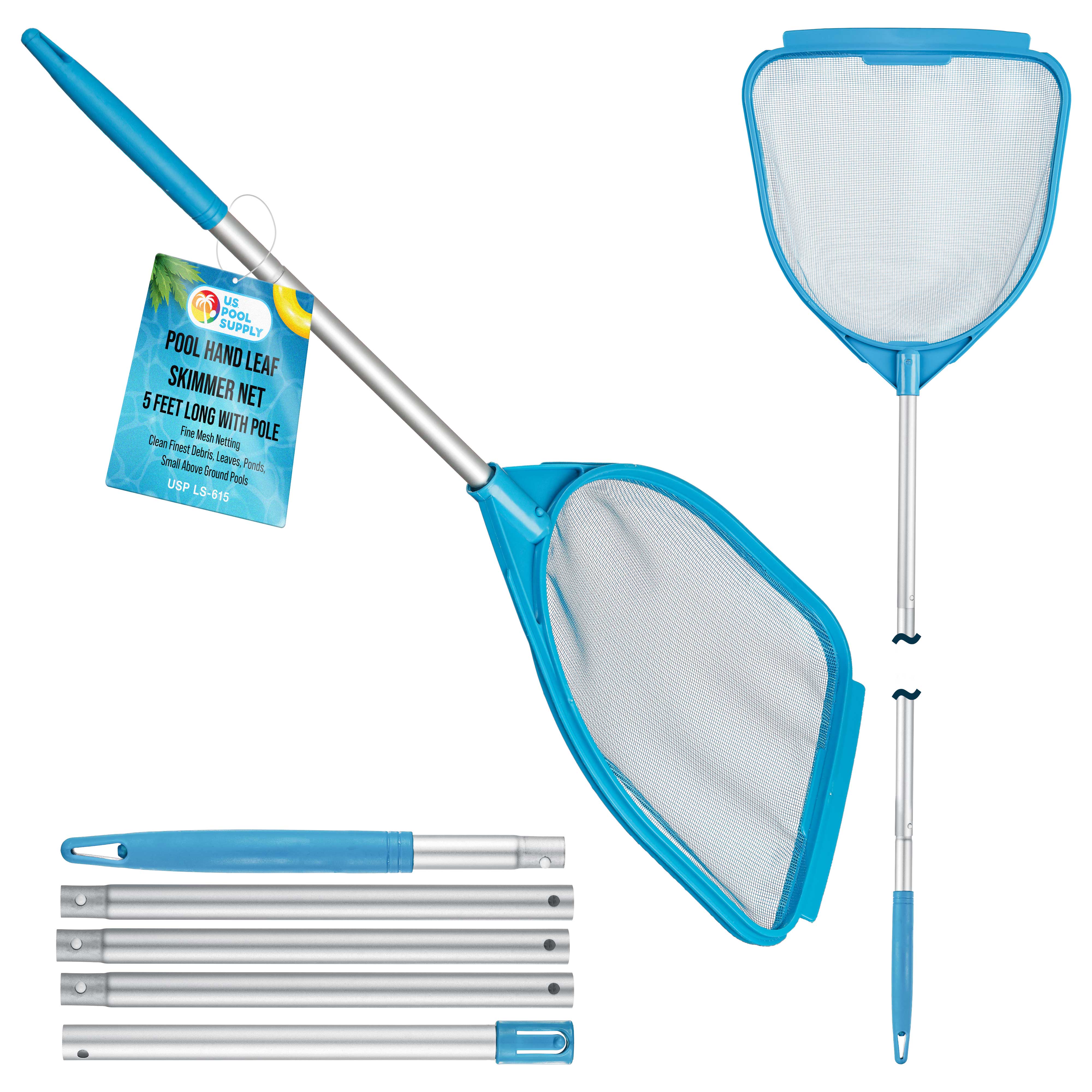 **5FT Pool Leaf Skimmer Net with Pole - Fine Mesh Handheld Skimmer for Leaves & Debris - Ideal for Pools, Spas, Hot Tubs & Above Ground Maintenance**