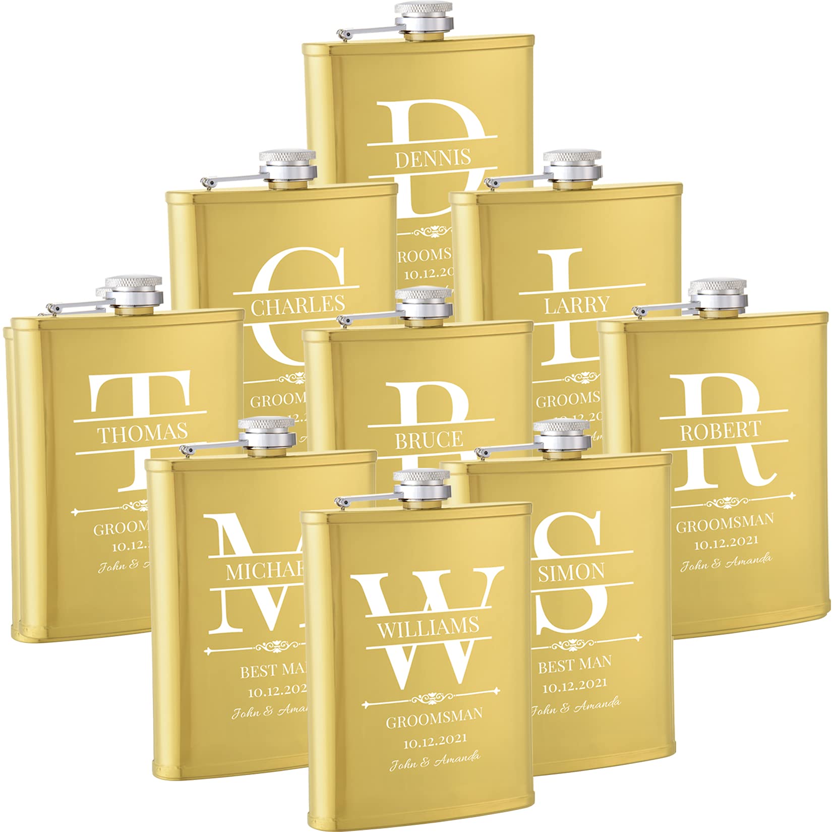 Personalized Stainless Steel Whiskey Flasks Set of 9 - Custom Engraved 304 Steel Groomsmen Gifts for Wedding, Best Man, Father of Bride - Perfect for Bachelor Parties, Wedding Receptions & Anniversary Celebrations