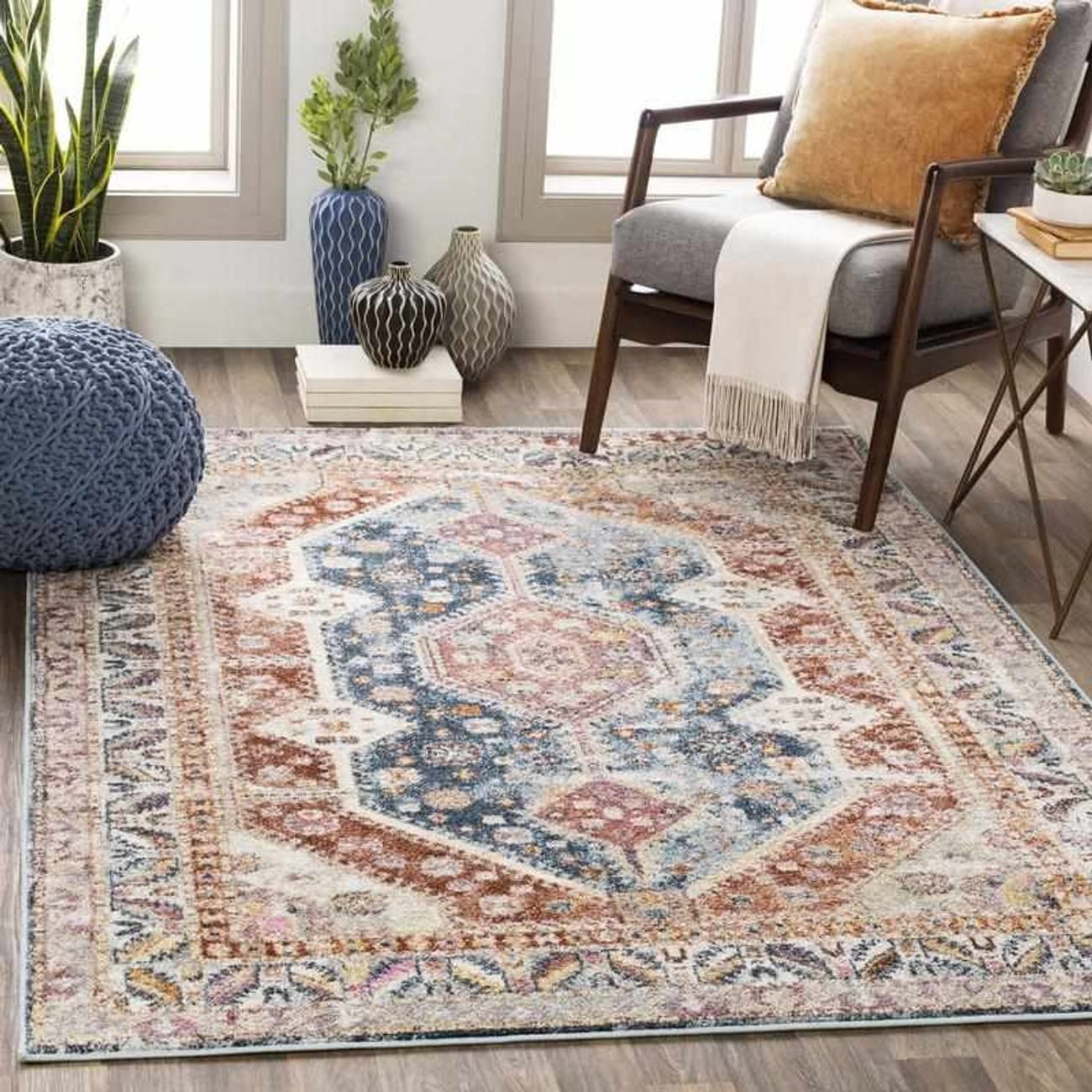 Mark&Day 8x10 Quedgeley Rustic Multicolor Area Rug - Orange Blue Handmade Carpet for Living Room, Bedroom, Kitchen - 7'10