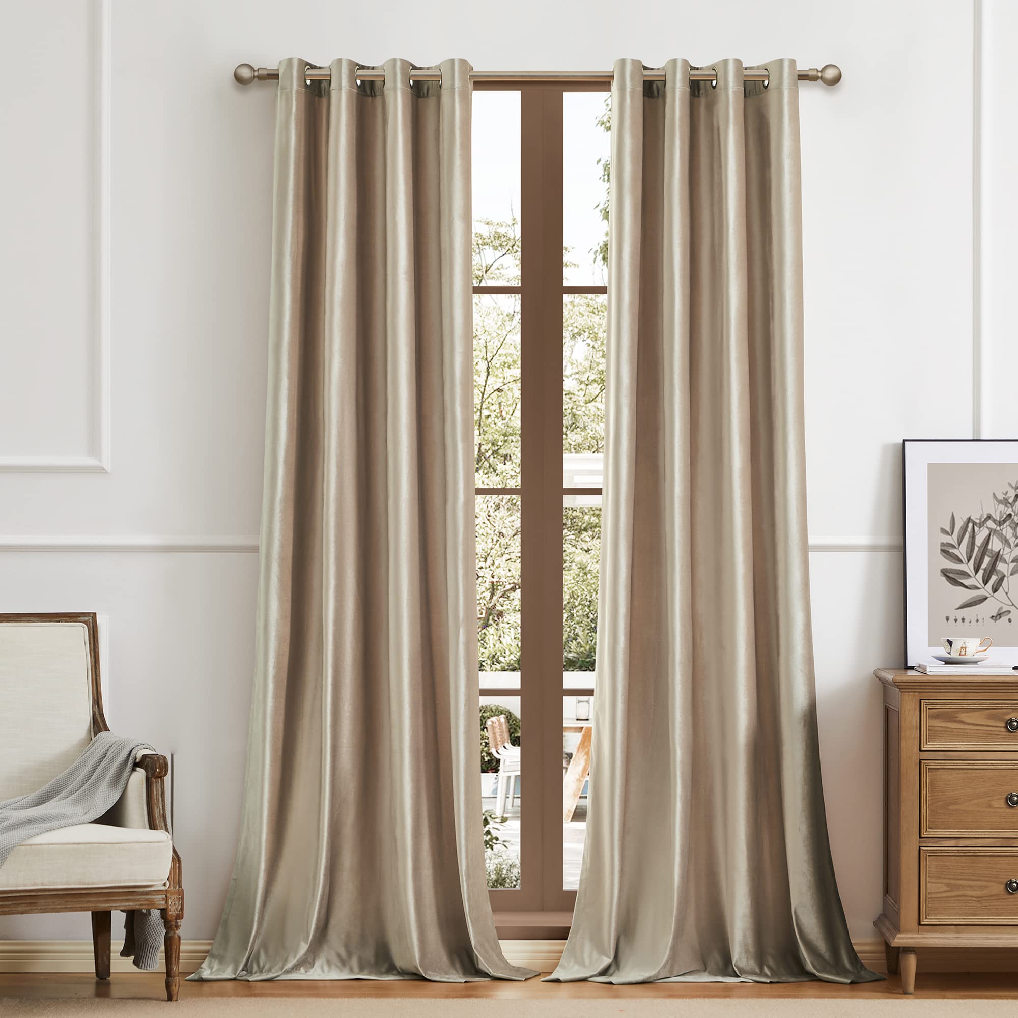 BULBUL Champagne Velvet Blackout Curtains 120 Inch Length - 2 Panels Thermal Insulated Room Darkening Window Drapes for Living Room & Bedroom, Beige Grommet Curtains for Home Decor & Light Control