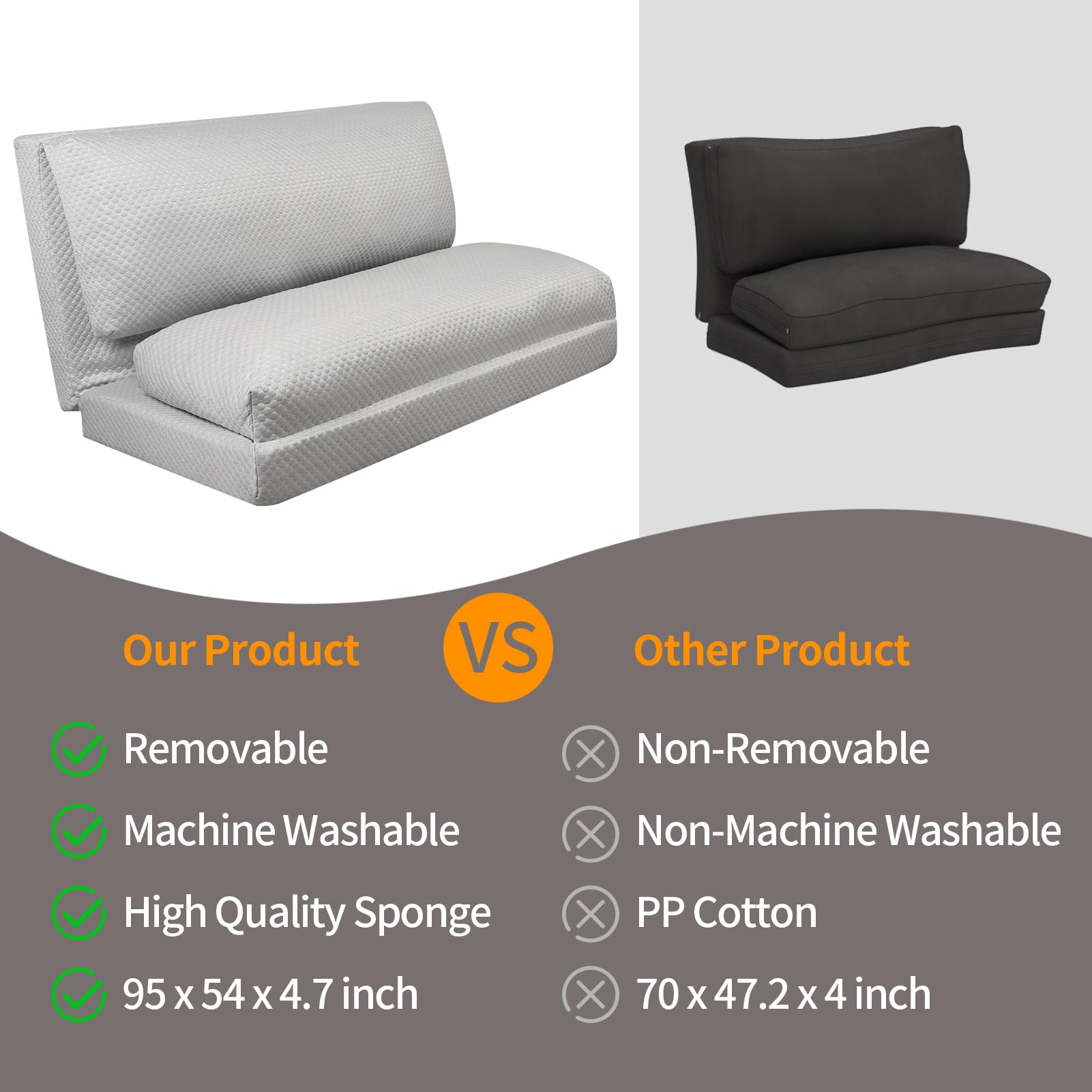 Breathable Cooling Bean Bag Sofa Bed - Foldable Full Size Floor Mattress for Hot Sleepers with Removable Washable Cover, Light Grey (54x95 Inches) - Perfect for Dorm Rooms, Guest Beds & Summer Napping