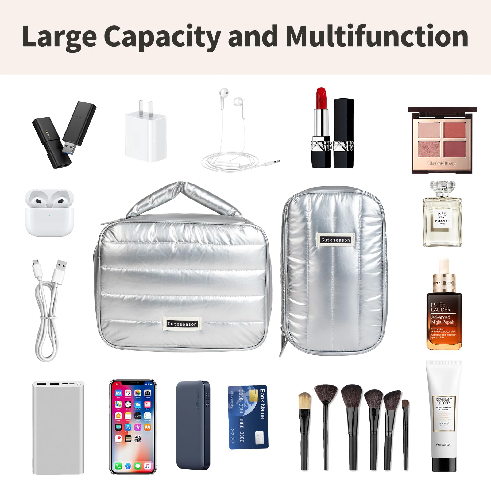 Shiny Puffy Makeup Bag Large Capacity - Waterproof Travel Toiletry Organizer for Cosmetics & Digital Accessories (Silver, L & M) | Perfect for Travel, Gym, and Daily Storage