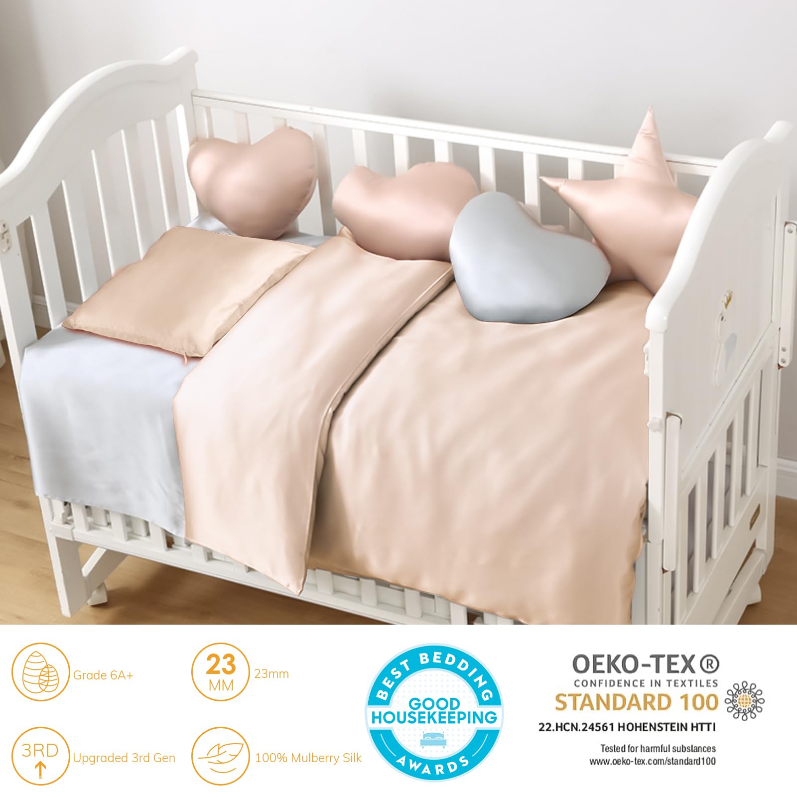 PROMEED 100% Pure Mulberry Silk Baby Crib Bedding Set - OEKO-TEX Certified 22 Momme 3-Piece Nursery Set with Duvet Cover, Fitted Sheet & Pillowcase for Boys & Girls (Champagne) | Luxury Soft Hypoallergenic Crib Set for Newborns & Infants