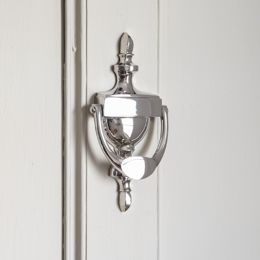 Polished Nickel Urn Door Knocker - Elegant & Durable Front Door Hardware for Traditional & Classic Home Decor - Perfect for Victorian, Colonial & Antique Style Houses