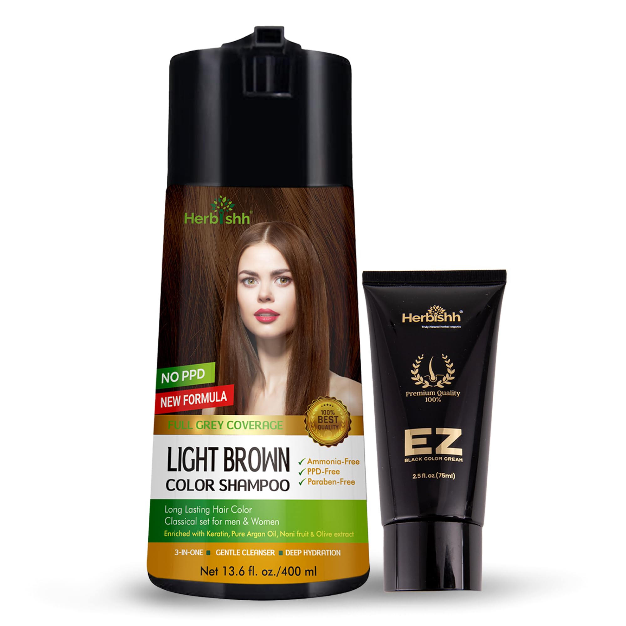 Herbishh Light Brown Hair Color Shampoo & Cream Set (400ml) - Natural Gray Coverage for Women & Men | At-Home Hair Coloring Solution for Salon-Quality Results