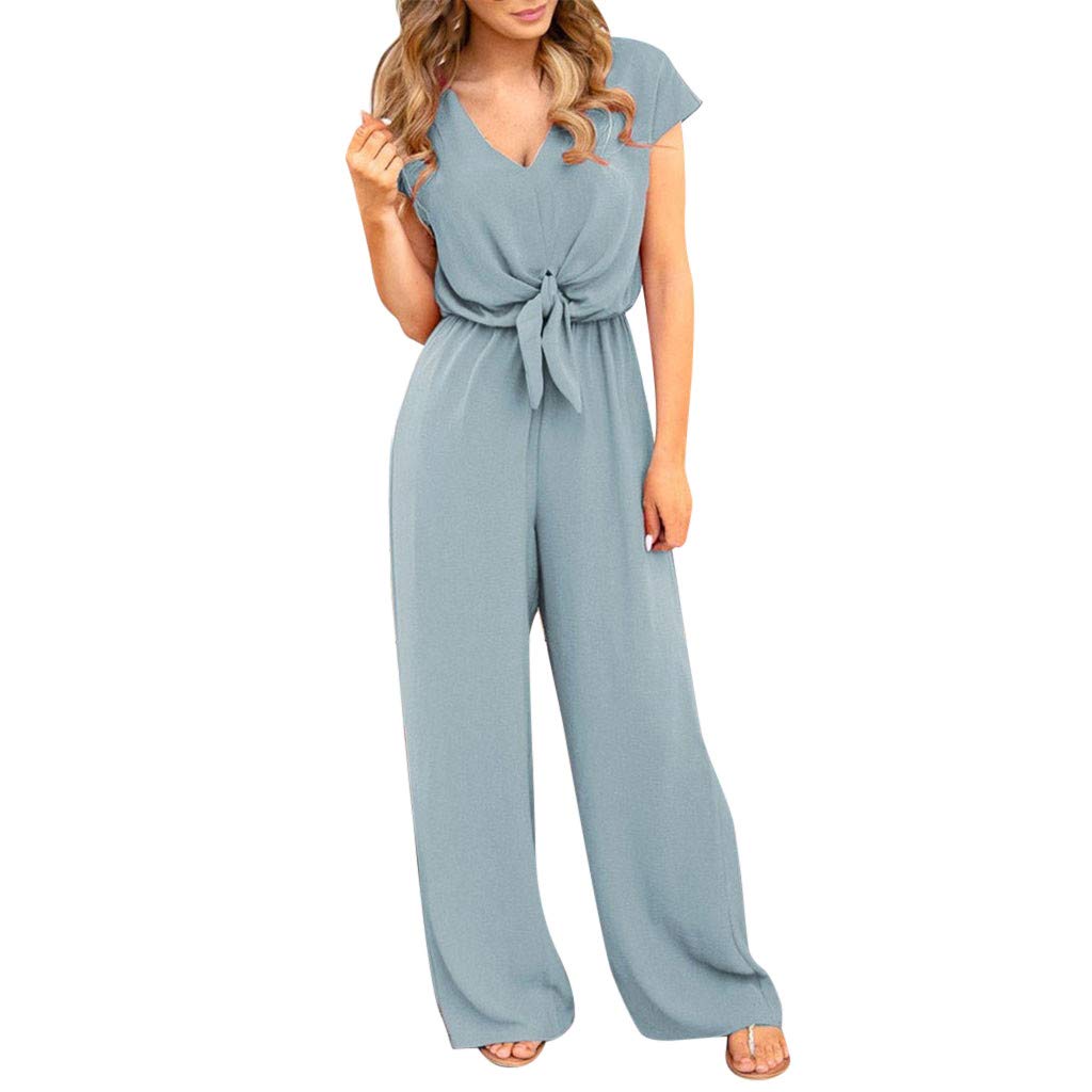 Vacger Women's Summer Pajama Jumpsuit - V Neck Lace Up Short Sleeve Romper Playsuit for Casual Wear & Lounge at Home