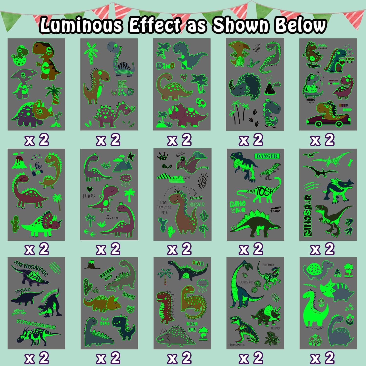 Glow in the Dark Dinosaur Tattoos for Kids - 30 Sheets Luminous Dinosaur Stickers, Party Favors for Boys Birthday Decorations, Dinosaur Theme Party Supplies - Perfect for Birthday Parties, Goodie Bags, Halloween Costumes and Classroom Rewards