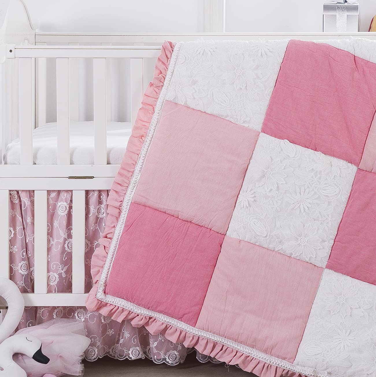 Brandream Farmhouse Girls Nursery Bedding Set - Pink & White Plaid Patchwork Baby Comforter with Chic Floral Skirt, 3-Piece Crib Set for Newborn Infant Bedroom Decor, Perfect for Baby Showers & Nursery Room Design
